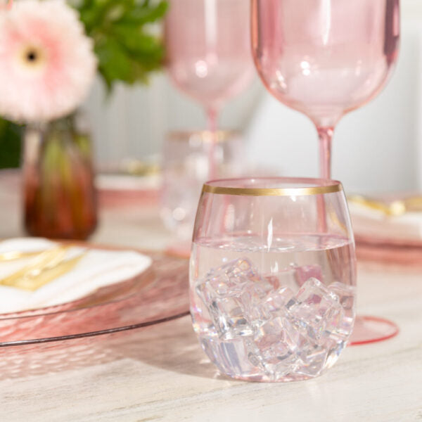 12 oz. Pink Stemless Wine Glasses with Gold Rim - Set of 6 | Elegant Drinkware for Parties, Weddings & Home Entertaining