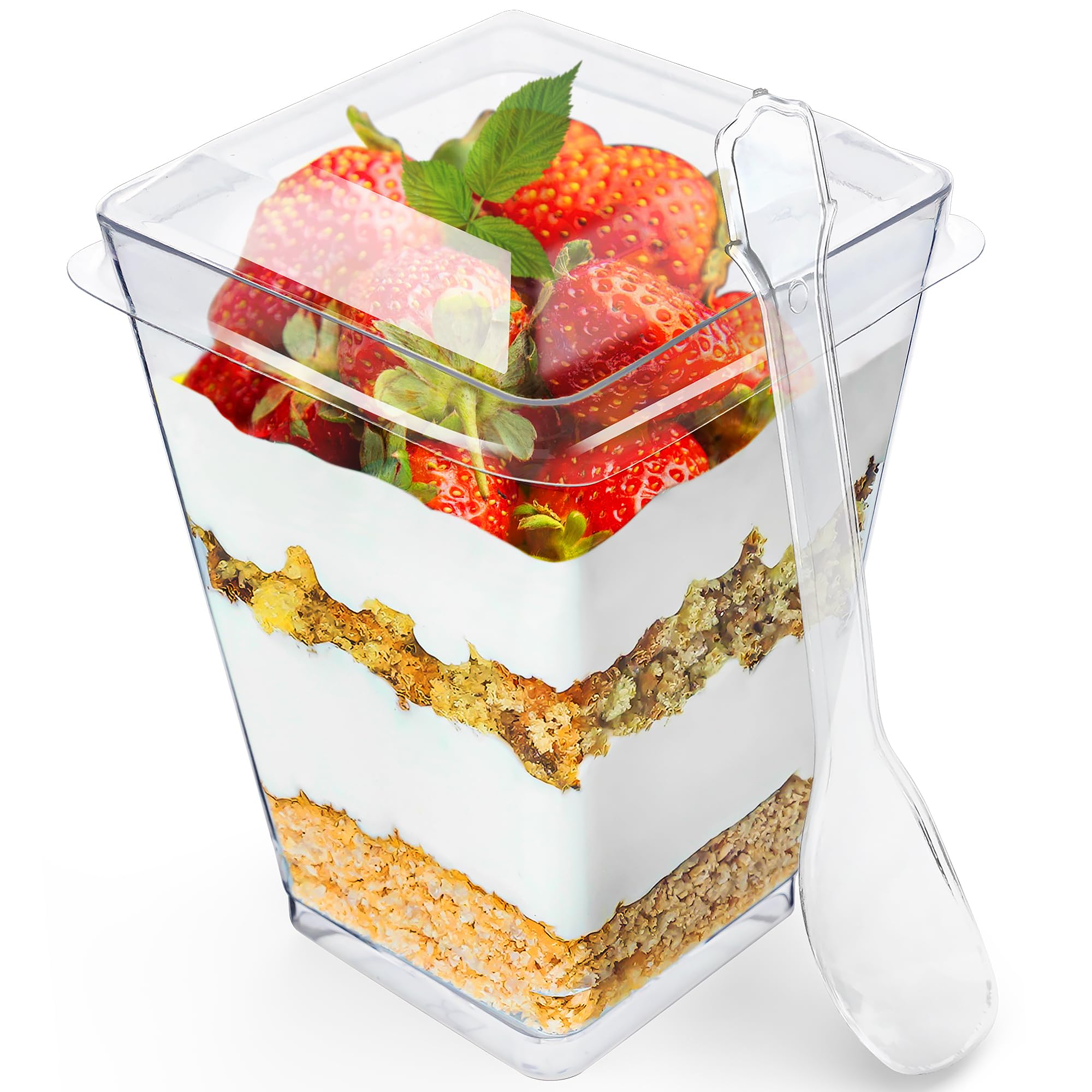 5 oz Plastic Dessert Cups with Lids and Spoons (50 Pack) - Reusable Parfait Cups for Mousse, Tiramisu, Pudding, Salads & Party Appetizers - Perfect for Catering, Weddings, Birthday Parties & Picnics