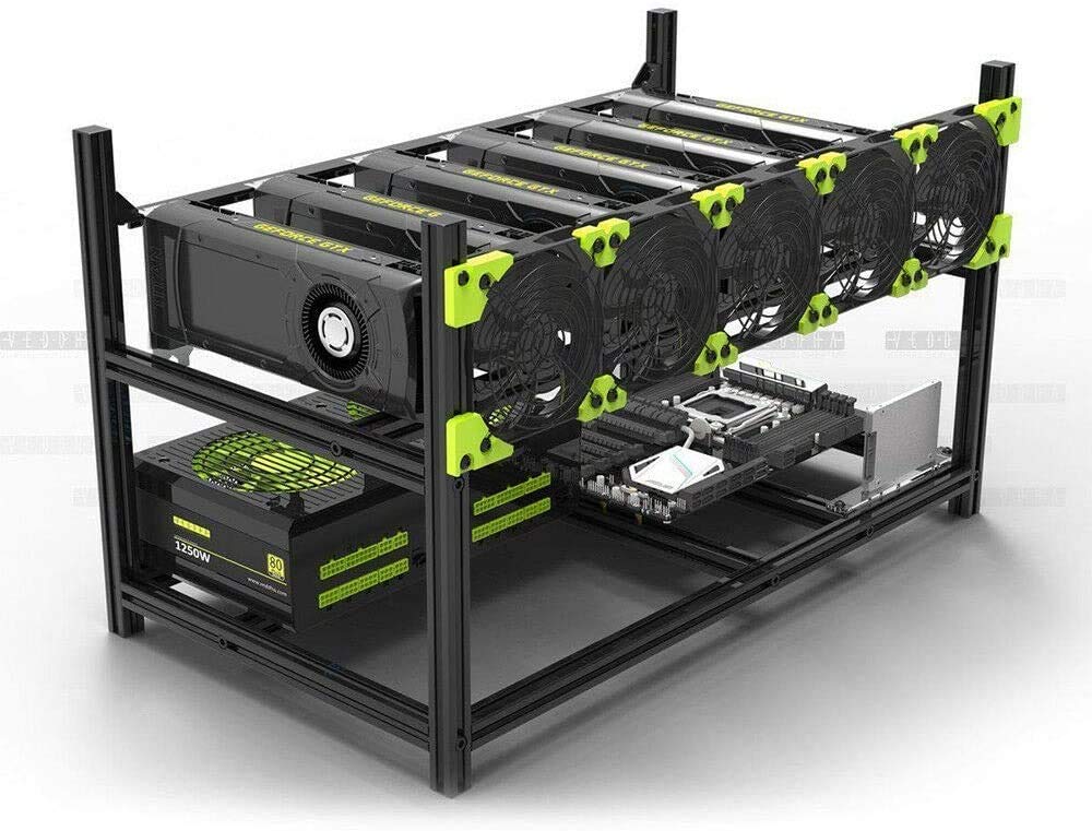 6 GPU Mining Rig Case - Open Aluminum Server Rack with 5 Cooling Fans for ETH/ETC/ZCash - Stackable Unassembled Computer Chassis | Perfect for Crypto Mining, Data Centers & Home Server Setups