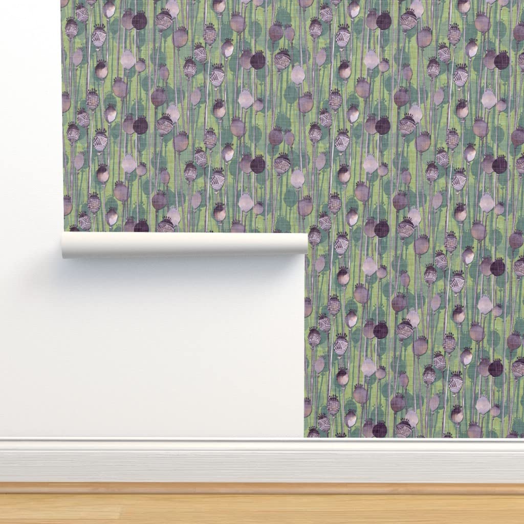 12ft x 2ft Peel & Stick Removable Wallpaper - Watercolor Poppy Heads & Sage Flowers Botanical Sketch | Spoonflower Custom Wallpaper | Perfect for Bedroom, Nursery & Home Office Decor