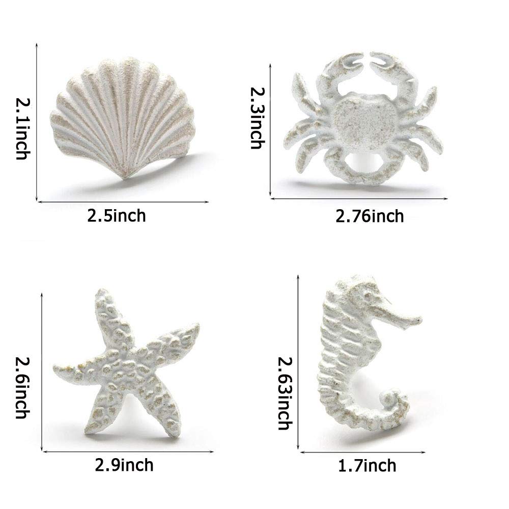Ocean Theme Cast Iron Drawer Knobs - Seahorse, Starfish, Crab & Seashell Cabinet Handles for Drawers, Doors, Dressers - Pack of 4 (White) | Coastal Decor for Bathroom, Kitchen & Beach House Furniture