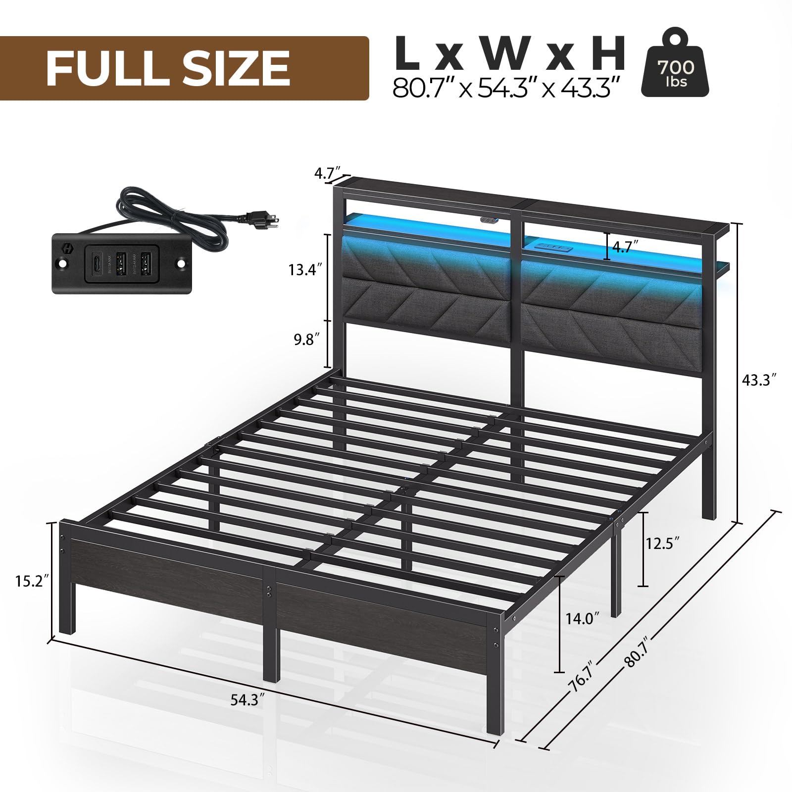 Full Size LED Upholstered Storage Bed Frame with USB Charging Station & Under Bed Storage - Metal Platform Bed, No Box Spring Needed, Noise Free, Easy Assembly, Grey - Perfect for Small Bedrooms, Dorms & Apartments