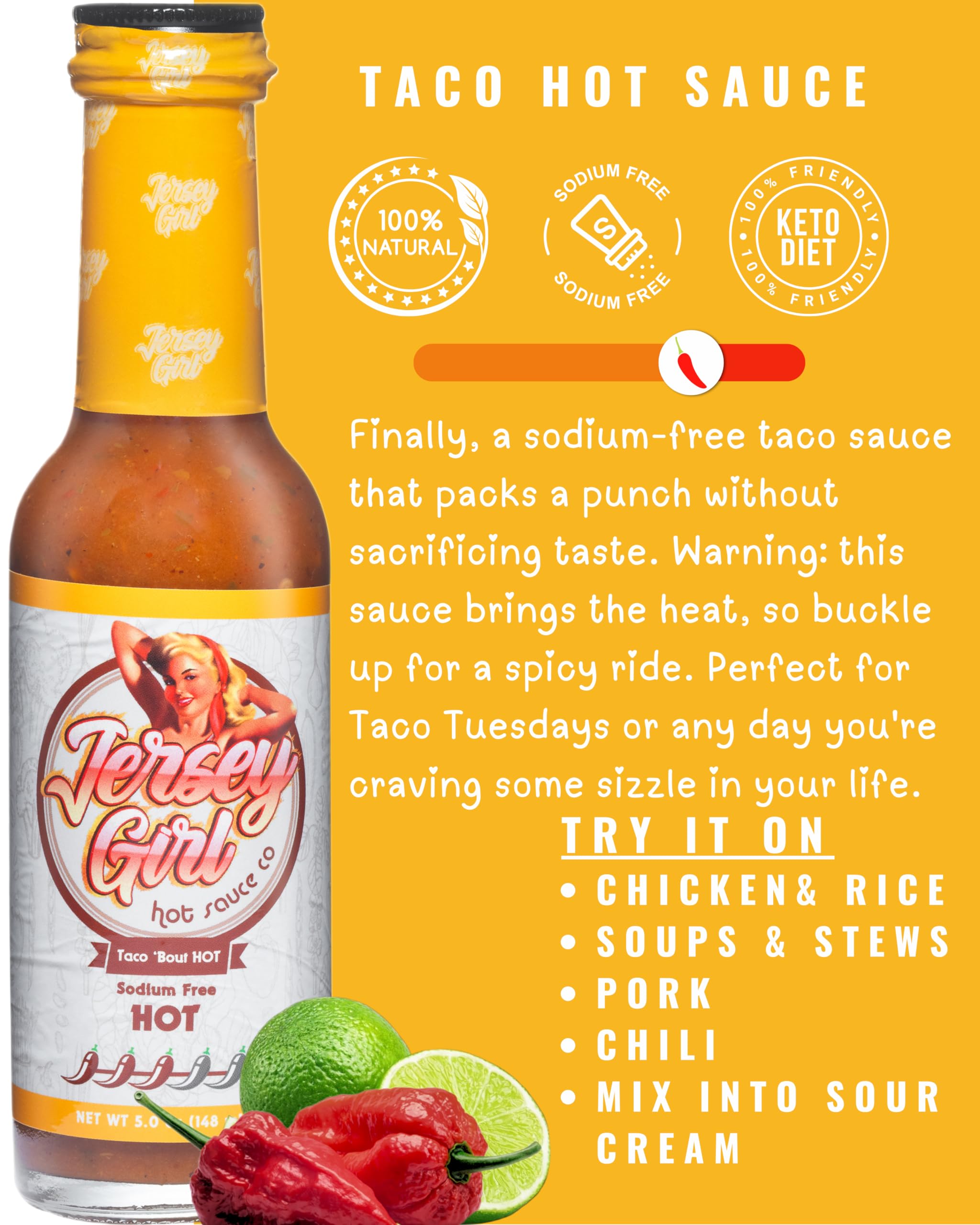 Jersey Girl Taco 'Bout Hot Sauce - No Added Salt Sodium Free Ghost Pepper Jalapeno Habanero Hot Sauce - 5oz Bottle - Perfect for Tacos, Wings & Spicy Food Lovers