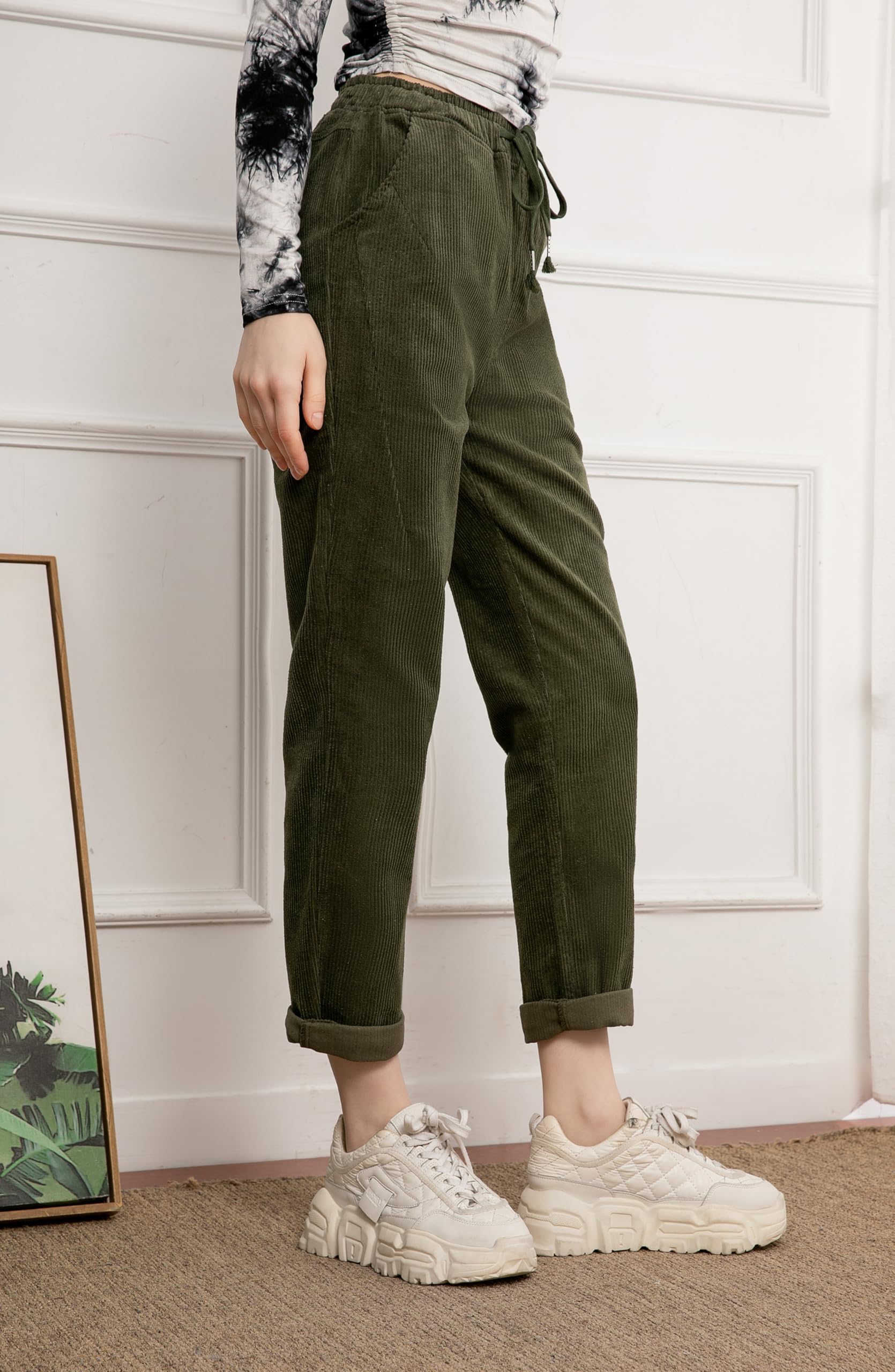 Minibee Women's Corduroy Pants - Soft Stretch Elastic Waist Pull-On Trousers with Drawstring | Comfortable Casual Cotton Pants for Work, Travel & Everyday Wear