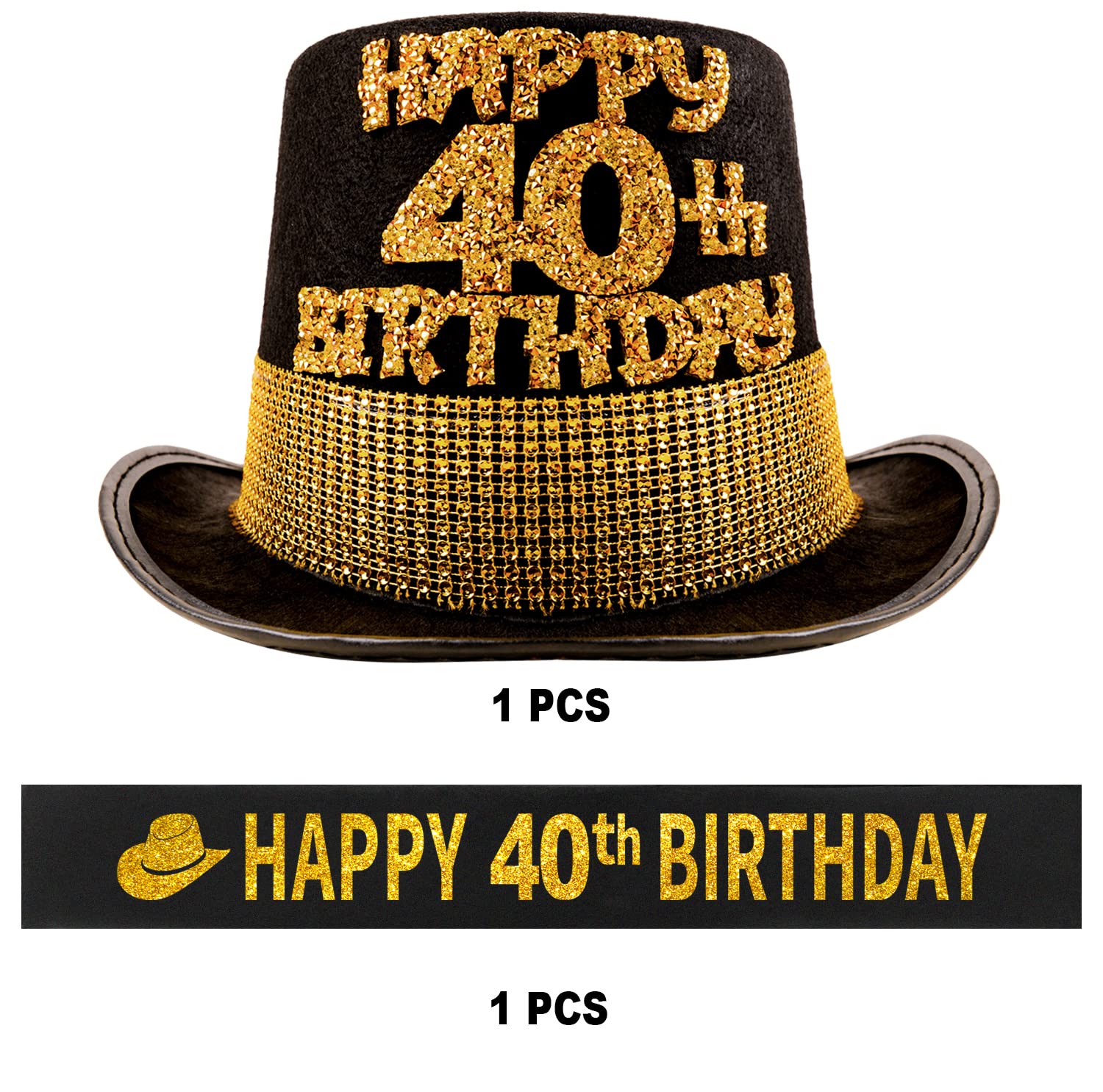 40th Birthday Gifts for Men - Funny 40 Year Old Party Hat & Sash Set - Gold Black Birthday Decorations for Him - Perfect for Milestone Celebrations, Surprise Parties & Photo Booths