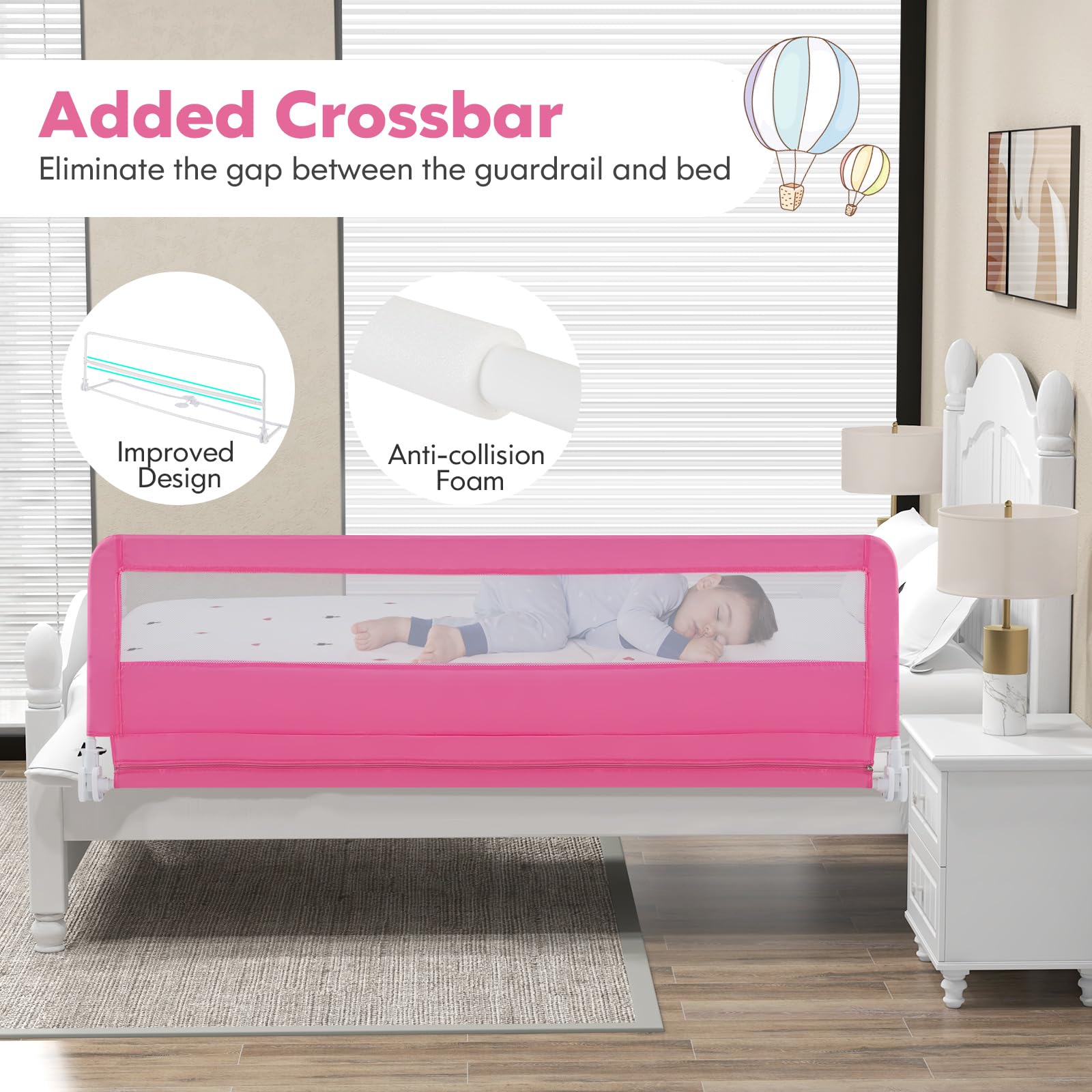 Costzon 2-Pack Extra Long Swing Down Bed Rails for Toddlers & Kids - 71-Inch Safety Bed Guards with Straps - Fits Convertible Crib, Twin, Double, Full, Queen & King Size Beds - Foldable Design (Pink) - Perfect for Childproofing, Preventing Falls & Transitioning from Crib to Big Kid Bed