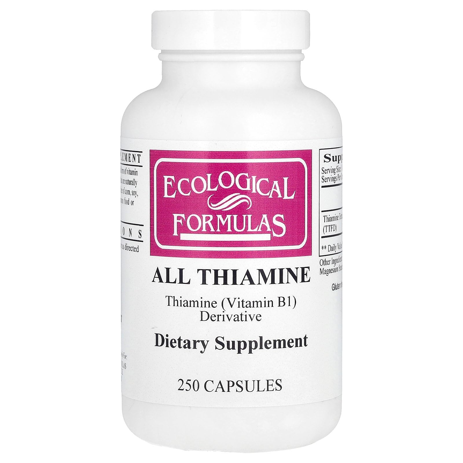 Ecological Formulas All Thiamine 250 Capsules - High Potency Vitamin B1 Supplement for Energy, Metabolism & Nerve Support