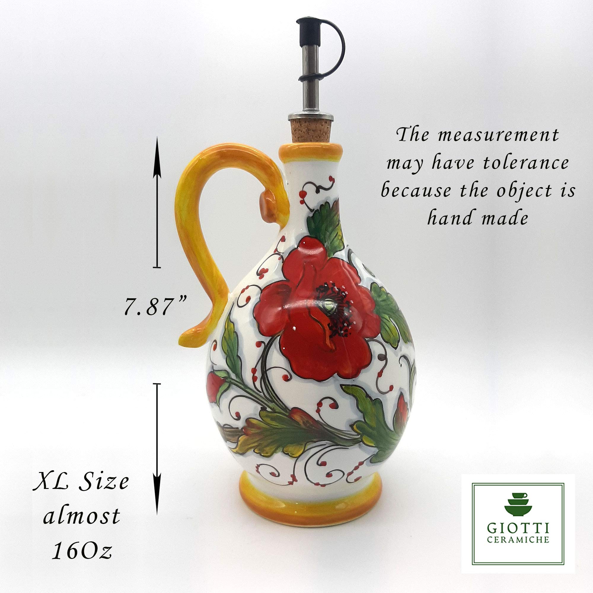 Italian Hand-Painted Ceramic Olive Oil Dispenser Bottle XL (14 Oz) - Sunflower & Poppies Design - Tuscan Kitchen Decor - Perfect for Cooking, Salad Dressing & Gourmet Gifts - Made in Italy
