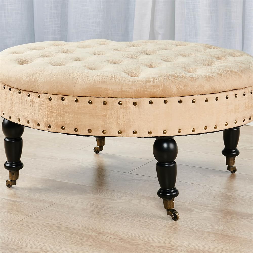 Round Velvet Tufted Ottoman Coffee Table - 34