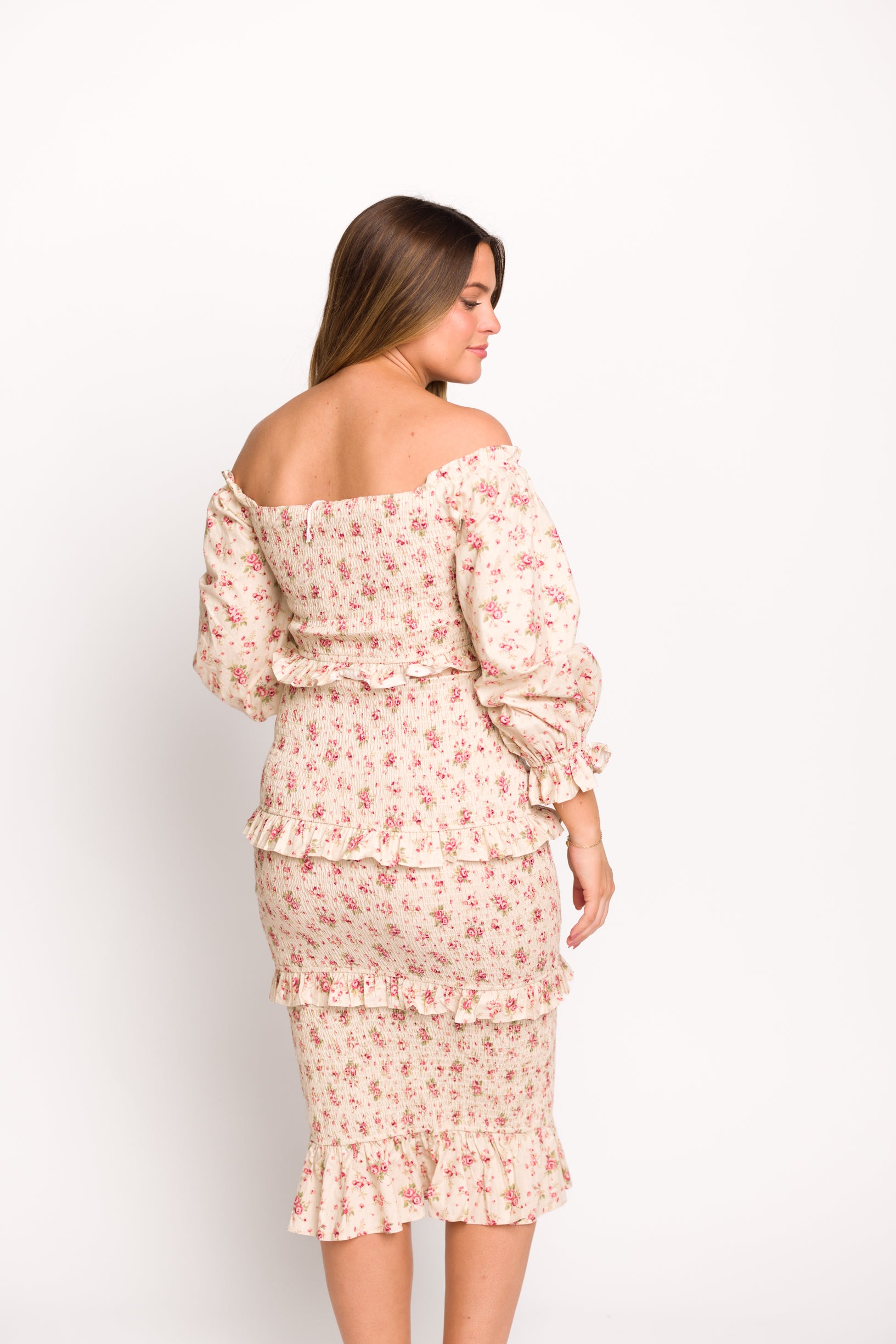 Lila Floral Printed Smocked Midi Dress - Pink Maternity Dress for Pregnancy, Bump Friendly, Summer Casual Wear, Baby Shower & Photoshoot Outfit