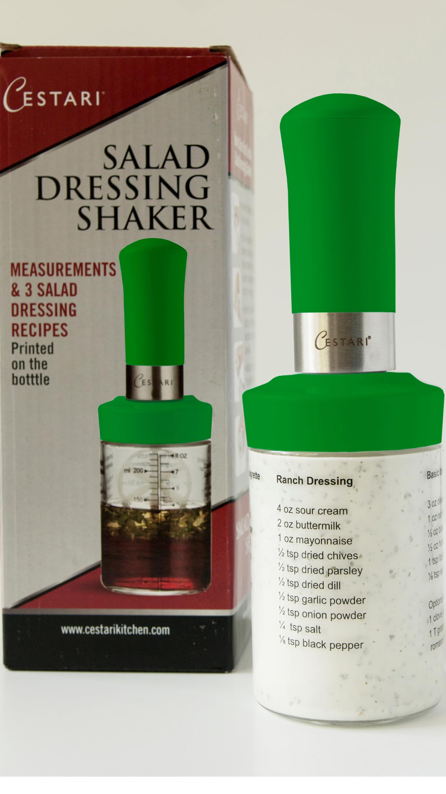 10 oz Green Glass Salad Dressing Shaker Bottle with Mixer Insert - Leak-Proof Kitchen Dispenser with Measurement Marks & Recipe Guide | Perfect for Vinaigrettes, Homemade Dressings & Cocktail Mixing