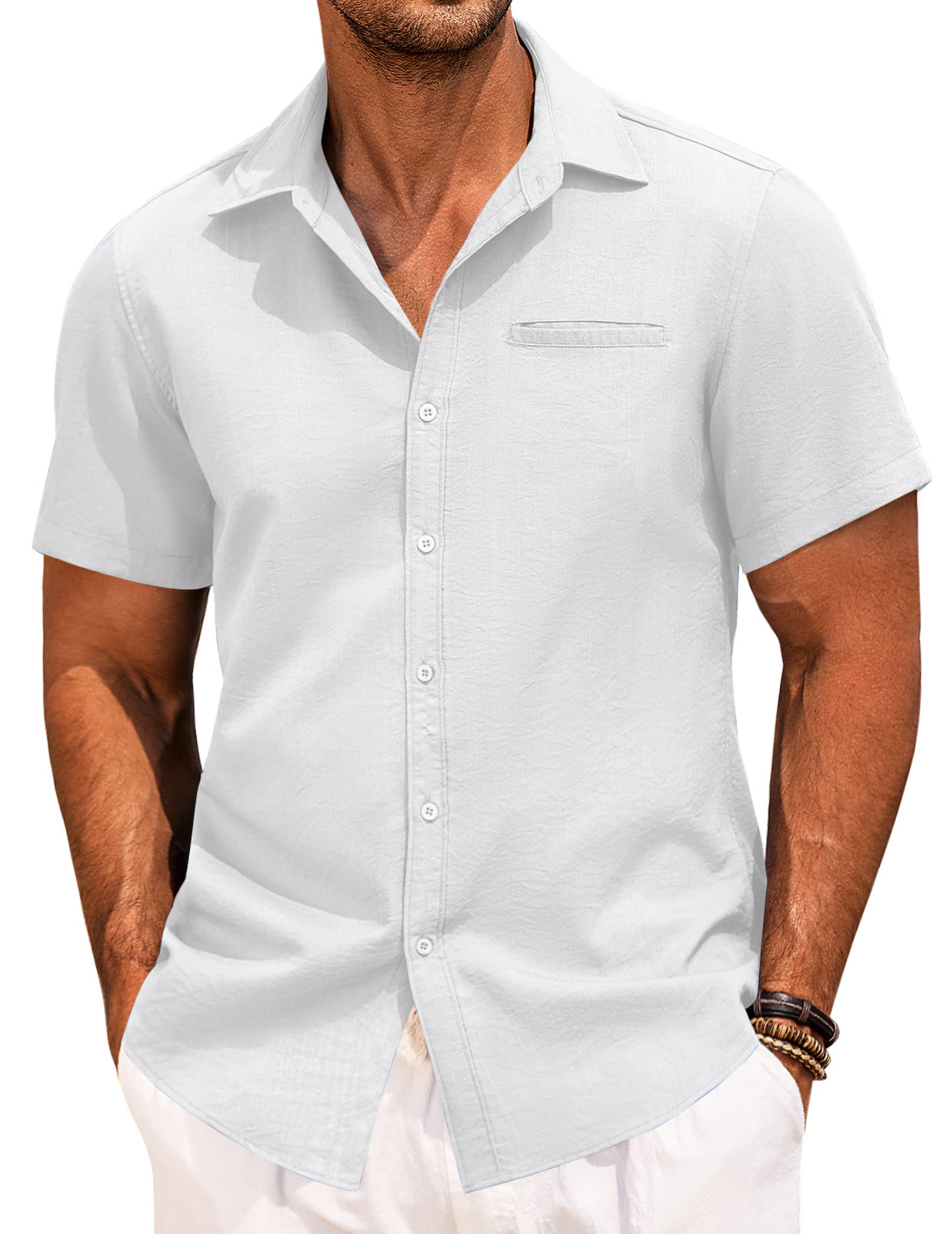 COOFANDY Men's Casual Linen Short Sleeve Button Down Shirt | Breathable Summer Hawaiian Shirt for Beach Vacation & Outdoor Activities | Lightweight Comfortable Button-Up for Tropical Parties, BBQ, and Casual Wear