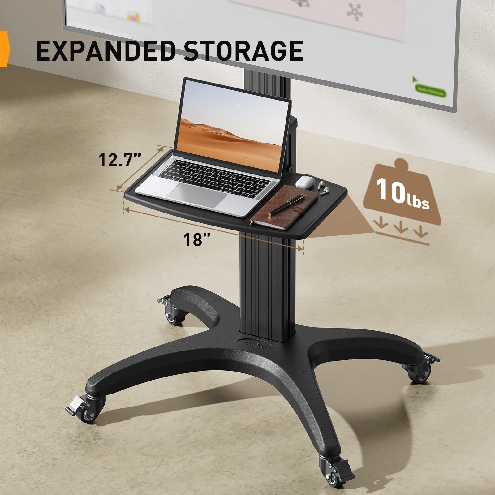 Perlegear Mobile TV Cart for 32-65 Inch TVs, Height Adjustable Rolling TV Stand with Media Shelf - Supports 70 Inch Flat/Curved TVs up to 80 lbs, Aluminum Portable Floor TV Stand with Wheels (Max VESA 600x400mm, Model PGTVMC11) - Perfect for Living Rooms, Bedrooms, and Classrooms