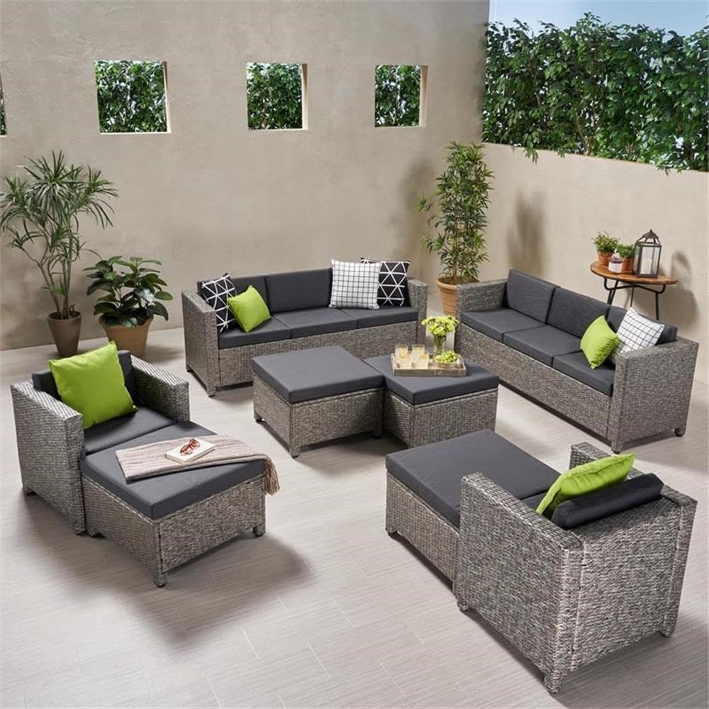 Noble House Puerta Outdoor 8-Piece Patio Conversation Set with 2 Side Tables - Weather-Resistant Brown Wicker Furniture for Garden, Poolside or Backyard Relaxation