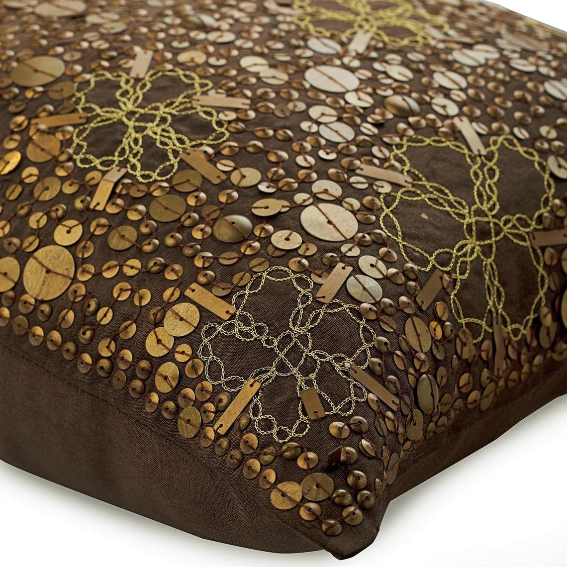 Luxury 26x26 Inch Silk Euro Pillow Covers - Brown Floral Decorative Sham with Metal Sequins for Bedroom & Living Room Decor | HomeCentric Contemporary European Style Pillowcase (65x65 cm)
