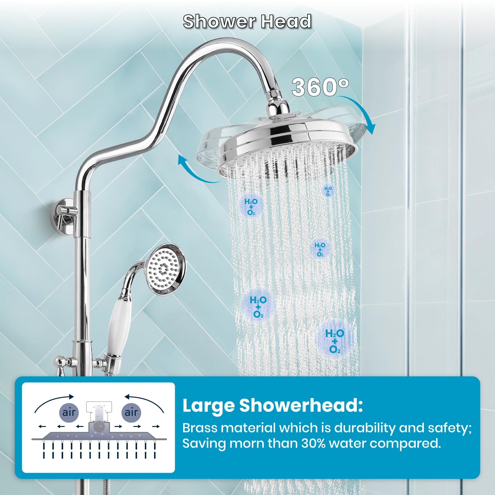 Luxury 8 Inch Wall Mount Rainfall Shower System - Exposed Shower Faucet Set with Adjustable Arc Rod, Handheld Spray & Cross Double Handle in Polished Chrome | Perfect for Modern Bathrooms, Spa-Like Experience, Master Suite Renovation