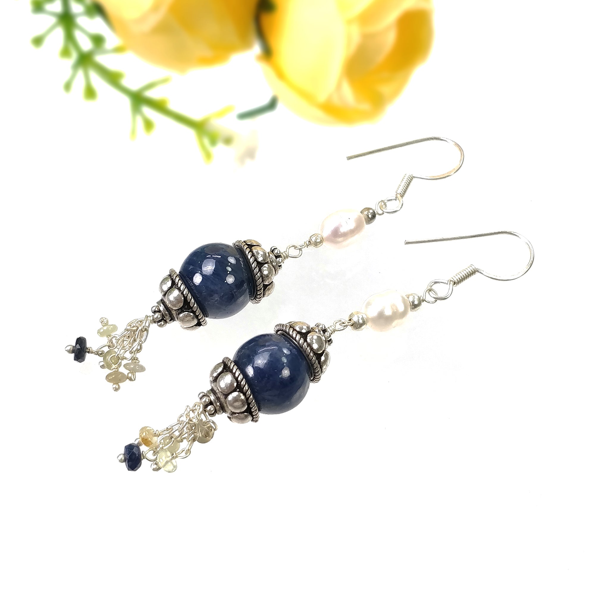 925 Sterling Silver Blue Sapphire Gemstone Beaded Earrings with Natural Pearl Drop - 13.28g Dangle Hook Earrings for Women | Perfect for Weddings, Parties & Special Occasions