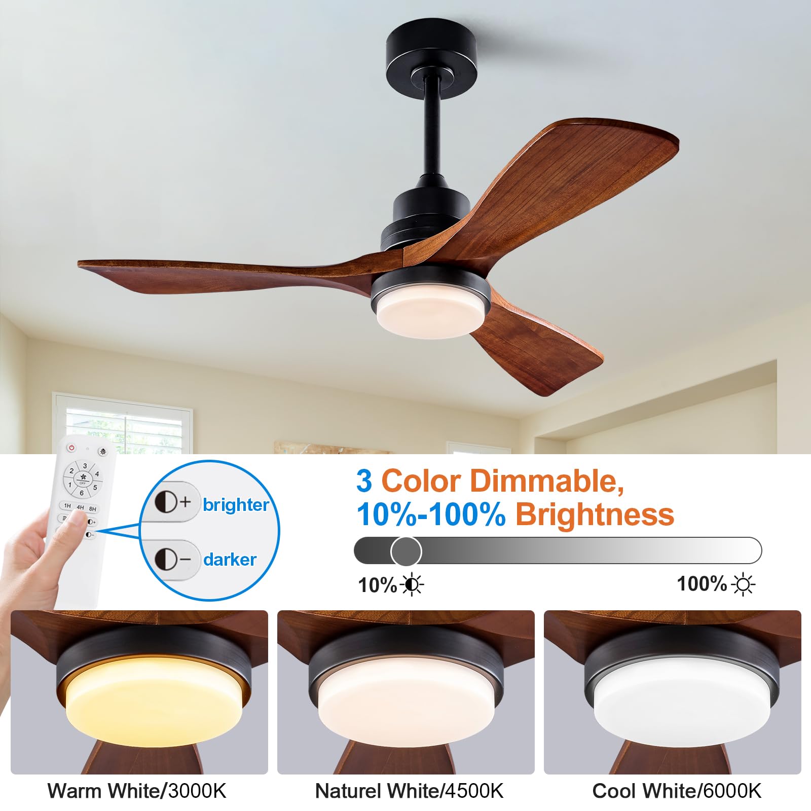 42 Inch Modern Ceiling Fan with Light and Remote Control - Dimmable LED Light, 3 Wood Blades, 6-Speed Quiet DC Motor - Indoor/Outdoor Use for Bedroom, Kitchen, Office, Patio, Living Room - Energy Efficient Cooling Solution for Home and Commercial Spaces