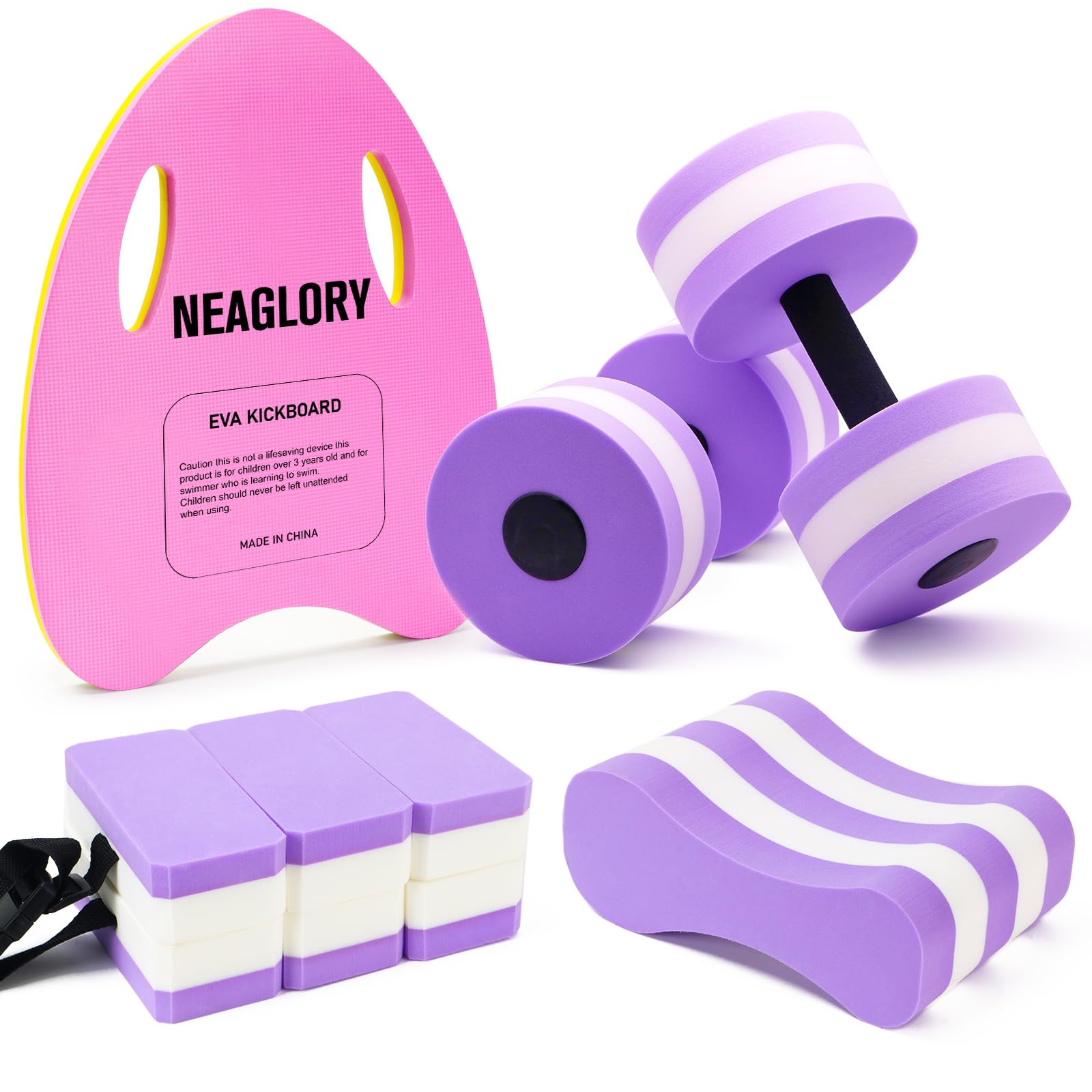 NEAGLORY 5-Piece Water Aerobics Set - Foam Dumbbells, Swim Kickboard, Pull Buoy & Aquatic Belt for Pool Fitness, Swimming Training & Hydrotherapy | Perfect for Water Aerobics Classes, Rehabilitation Exercises & Home Pool Workouts
