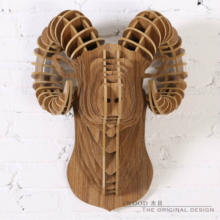 Creative 3D DIY Wooden Sheep Head Sculpture - Wall Mounted Ram Decor for Home, Restaurant & Office - Handmade Animal Head Ornament for Rustic & Modern Interior Design