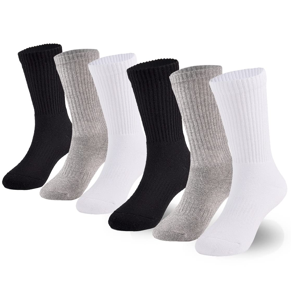 Marchare Boys & Girls Athletic Running Socks - 6 Pack Cushioned Crew Socks for Kids, Thick Cotton Comfort, Black/White - Perfect for Sports, School & Daily Activities