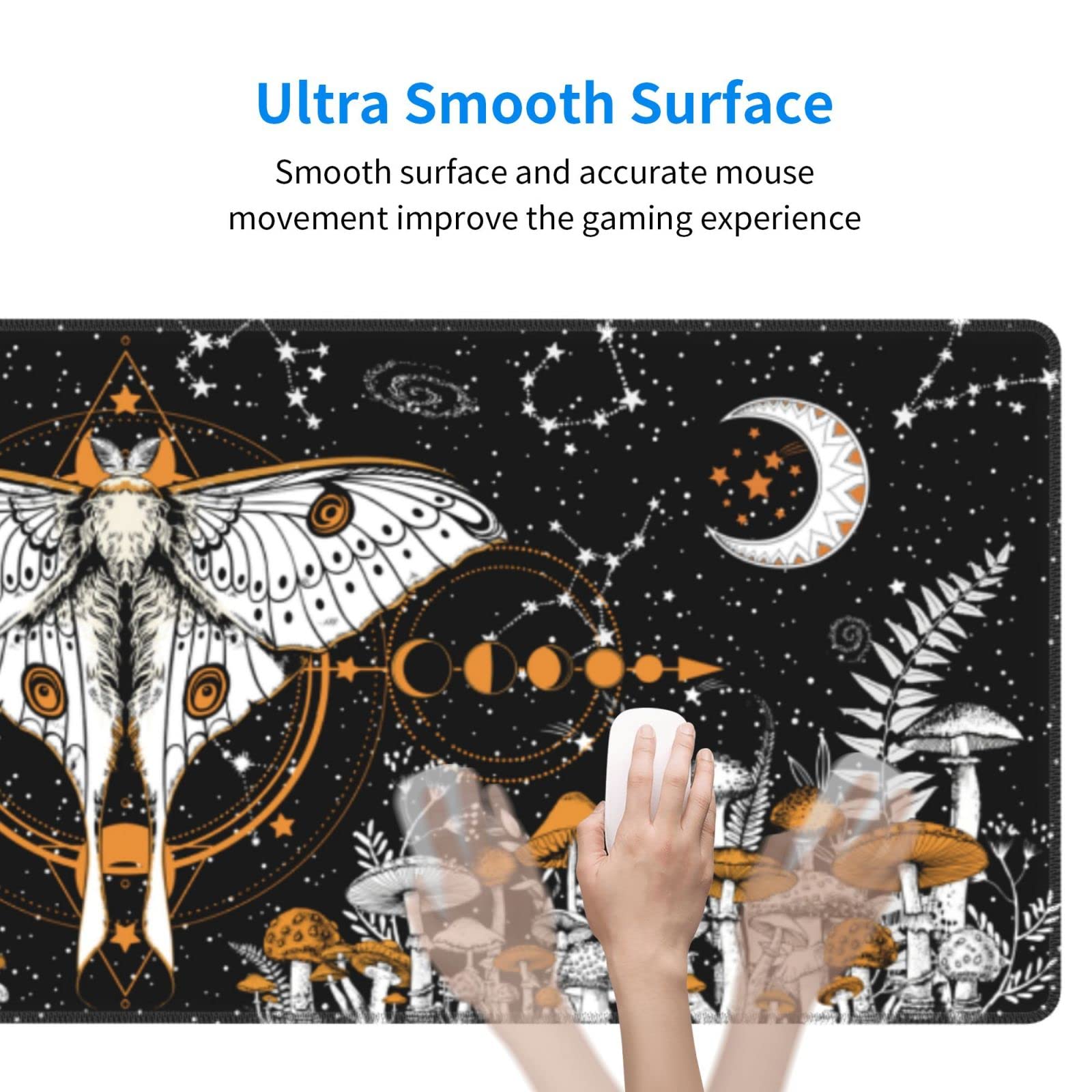 Large Mushroom Moth Butterfly Gaming Mouse Pad - 31.5 x 11.8 Inch XL Extended Desk Mat with Stitched Edges for PC, Laptop & Office Workspace