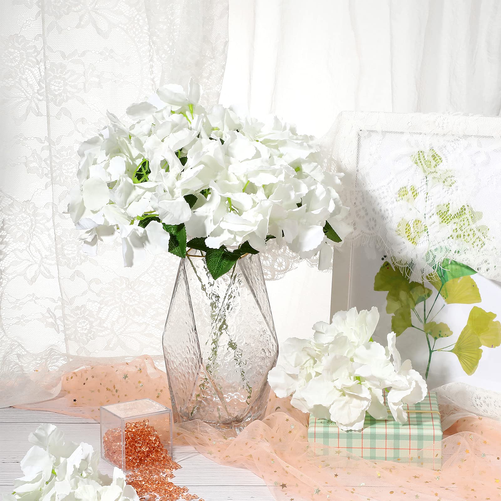 30 Sets White Silk Hydrangea Flowers Artificial Faux Floral Stems with Leaves - Wedding, Birthday Party, Holiday, Bedroom & Home Decorations for Centerpieces, Bouquets and DIY Arrangements