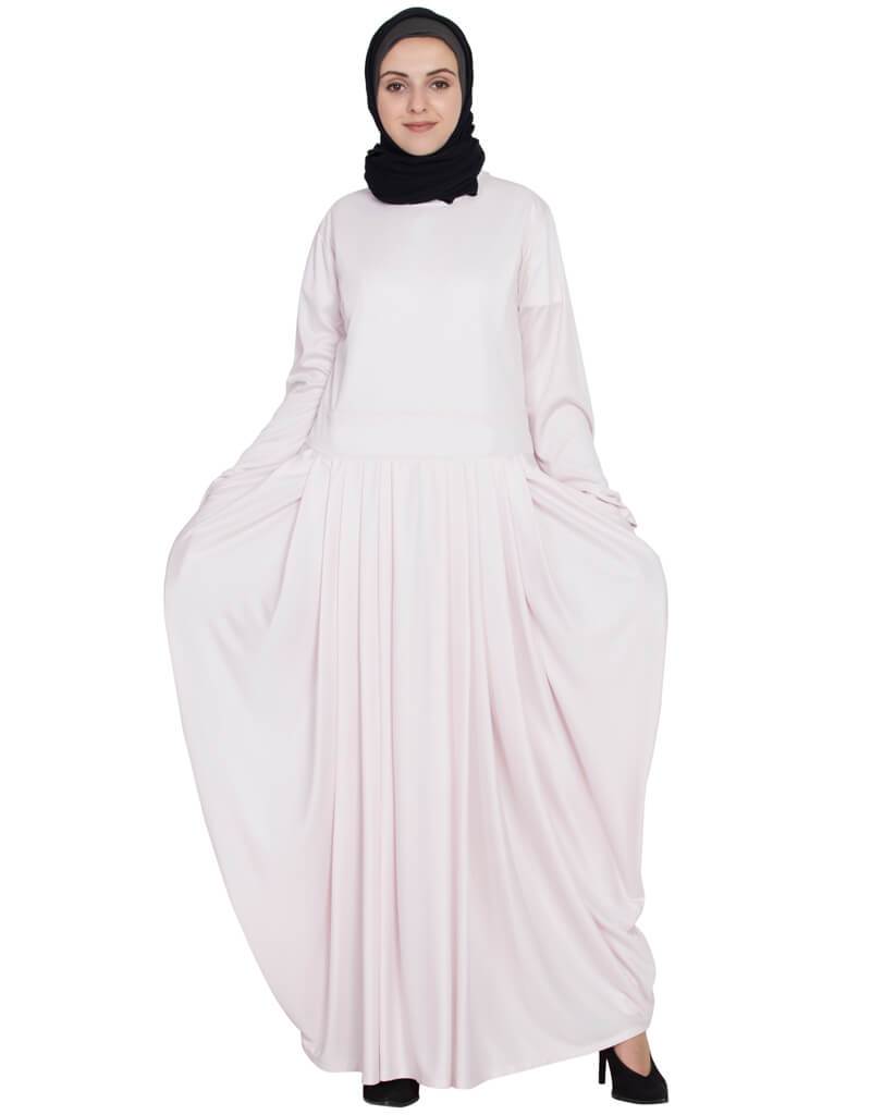 Elegant White Stretchable Abaya with Arabic Waist Pleating in Pink - Perfect for Prayer, Modest Fashion, and Special Occasions