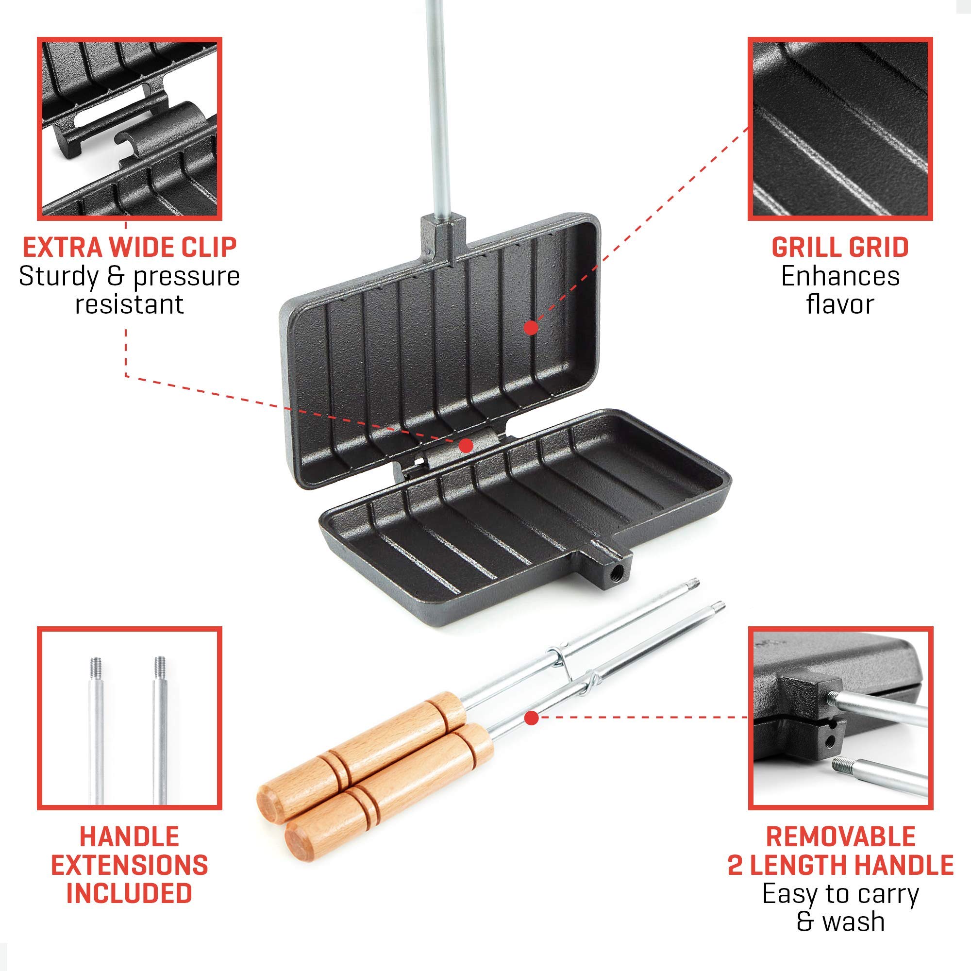 Uno Casa XL Cast Iron Pie Irons Sandwich Maker - Heavy Duty Campfire Cooking Tool for Toasted Pies, Sandwiches & Desserts - Includes Recipe Book - Perfect for Camping, Hiking & Outdoor Adventures