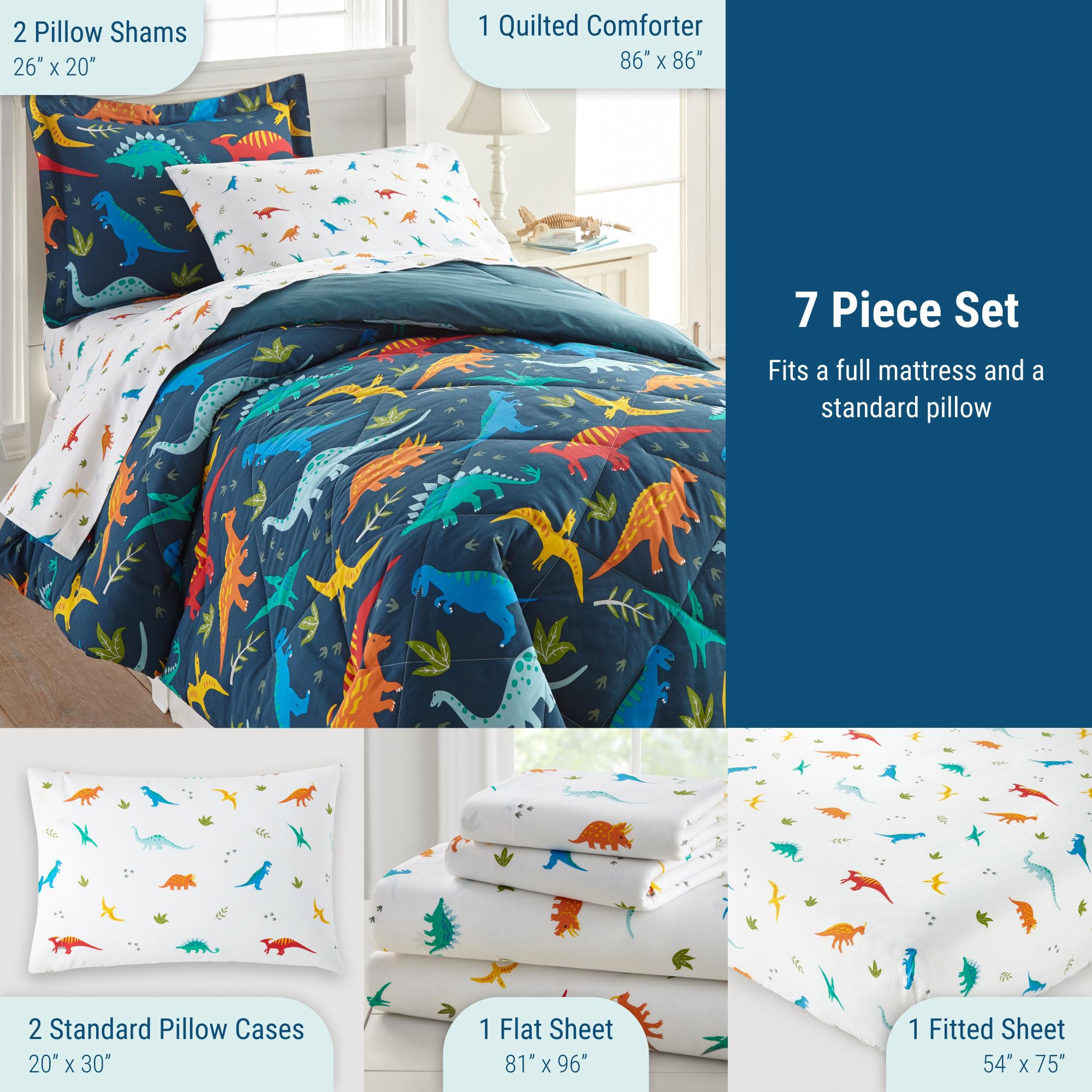 Wildkin 7-Piece Full Bedding Set - 100% Cotton Comforter, Sheets & Pillowcases - Jurassic Dinosaur Print - Soft & Breathable for Kids & Adults - Perfect for Bedrooms, Dorms & Sleepovers