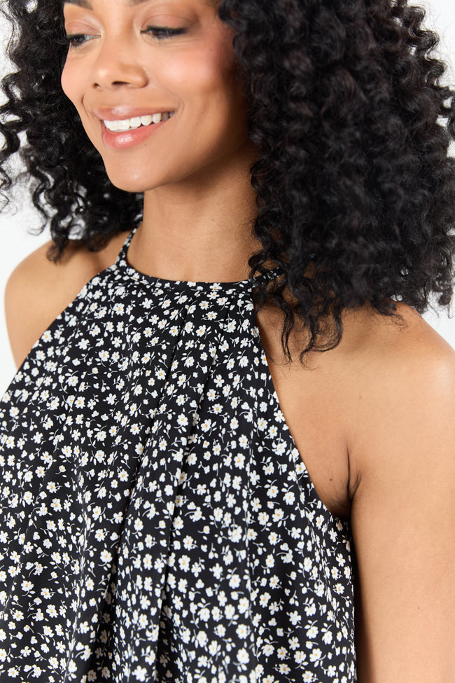 Black and White Daisy Print Halter Neck Romper for Women | Summer Casual Jumpsuit | Perfect for Beach Vacations, Music Festivals & Date Nights