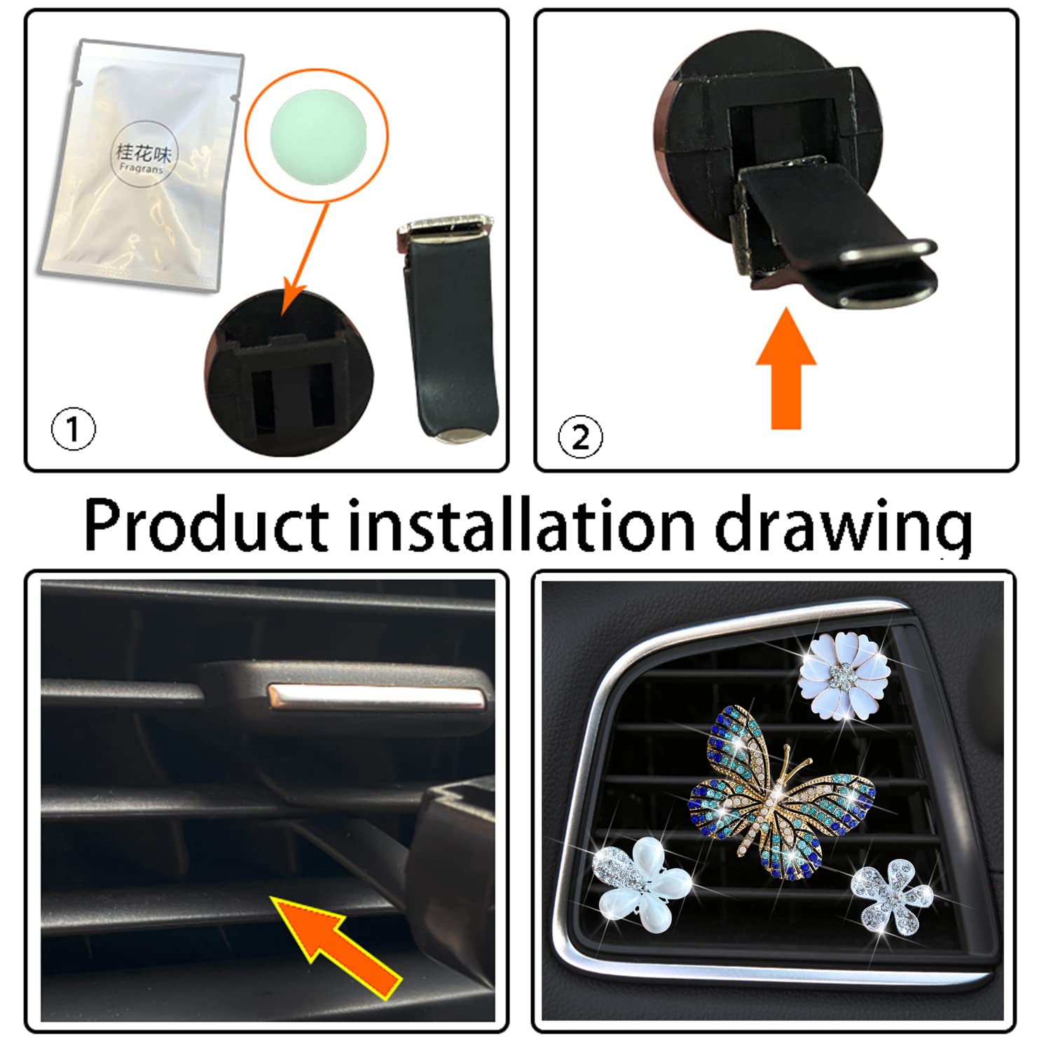 4PCS Blue Butterfly Car Air Freshener Vent Clips - Diamond Decor Daisy Flower Car Diffuser for Women | Elegant Car Interior Accessories | Perfect for Sedan, SUV & Office Desk Decor