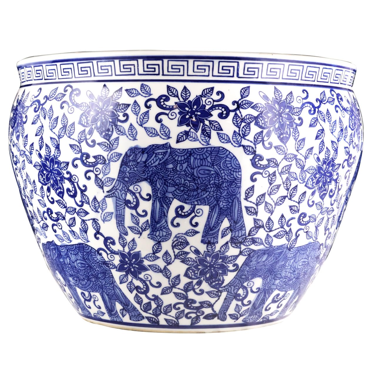 Blue and White Porcelain Fishbowl with Elephant Design - Oriental Home Decor for Living Room, Office & Garden - Handcrafted Ceramic Planter & Decorative Bowl