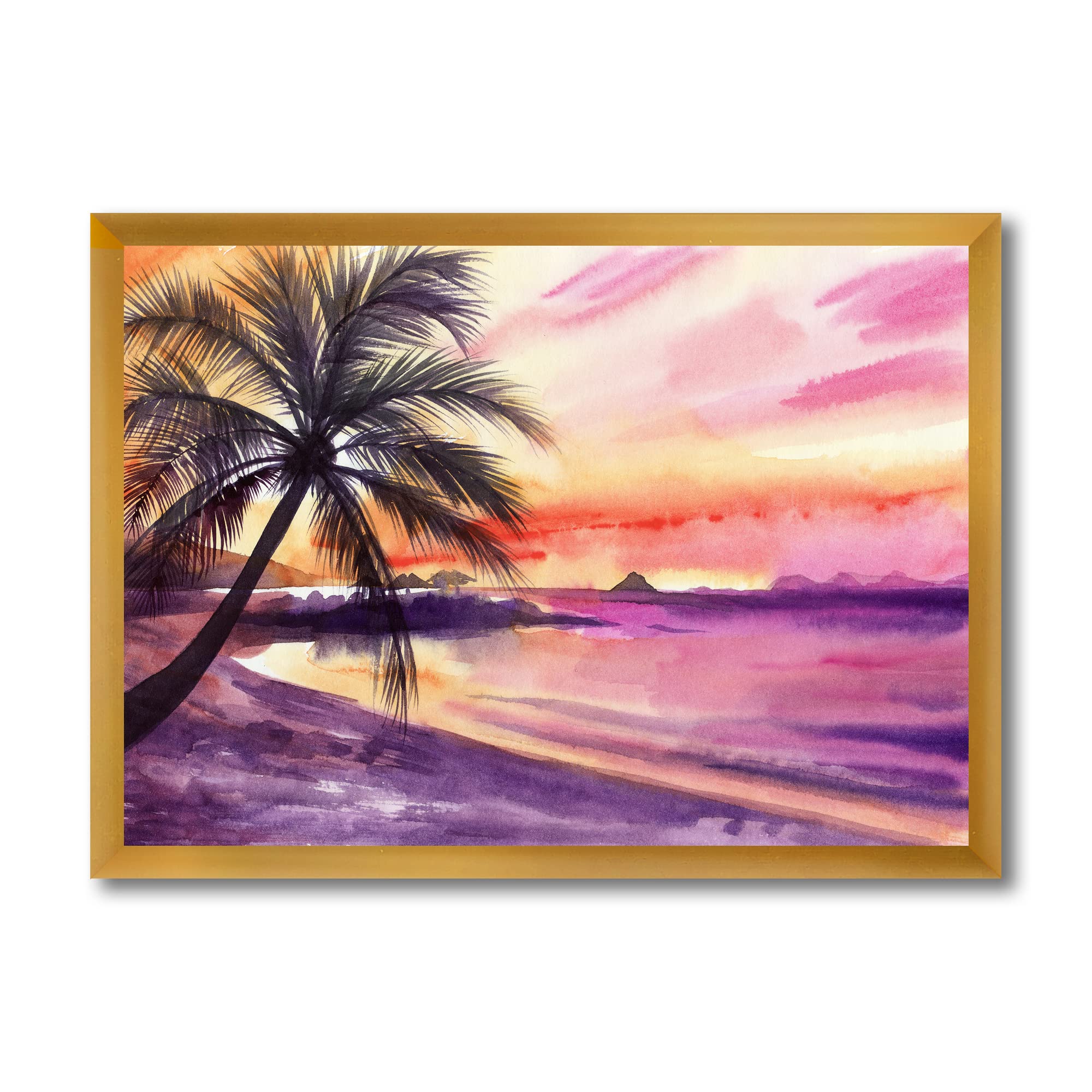 DesignQ Pink and Purple Palm Beach Sunset Nautical Coastal Framed Wall Art - Perfect for Beach House Decor, Living Room, Bedroom & Office Wall Decor