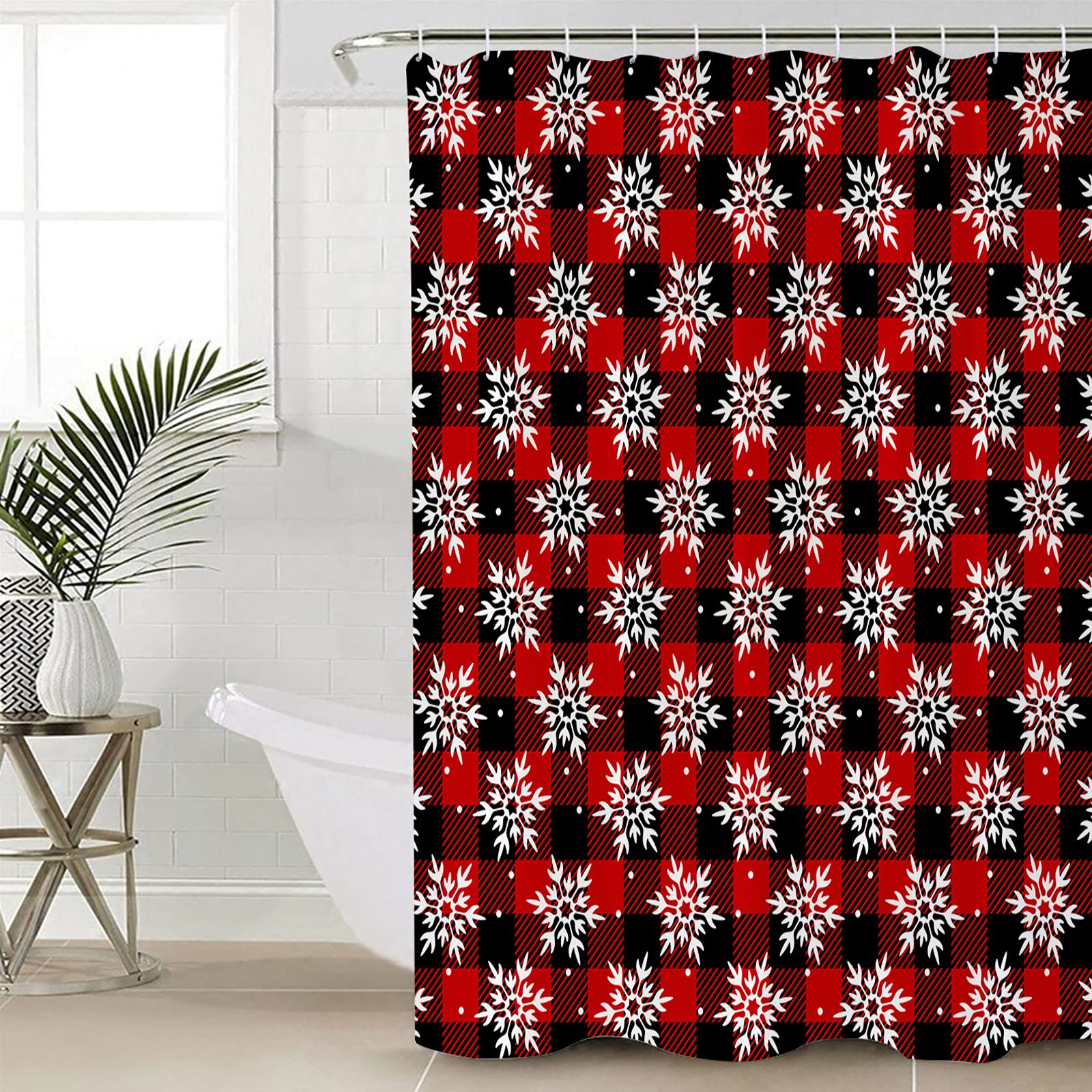 Waterproof Christmas Snowflake Buffalo Plaid Shower Curtain Set with Hooks - 60x72 Inch Holiday Bathroom Decor for Bathtub, Shower & Home - Perfect for Xmas Party, Winter Home Decoration & Gift Giving