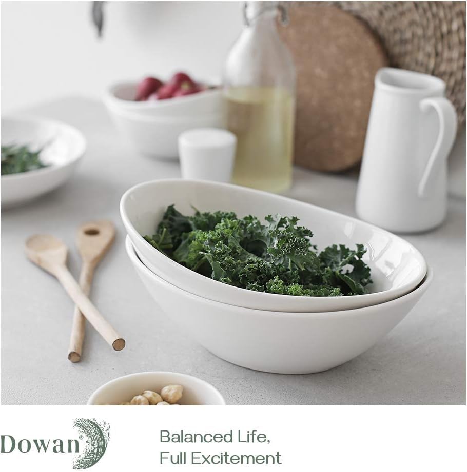 DOWAN 9-Inch Oval Serving Bowls Set of 4 - 36 Oz Large Serving Dishes for Salad, Pasta, Side Dishes - Microwave & Dishwasher Safe - Perfect for Wedding, Dinner Parties & Family Gatherings - White