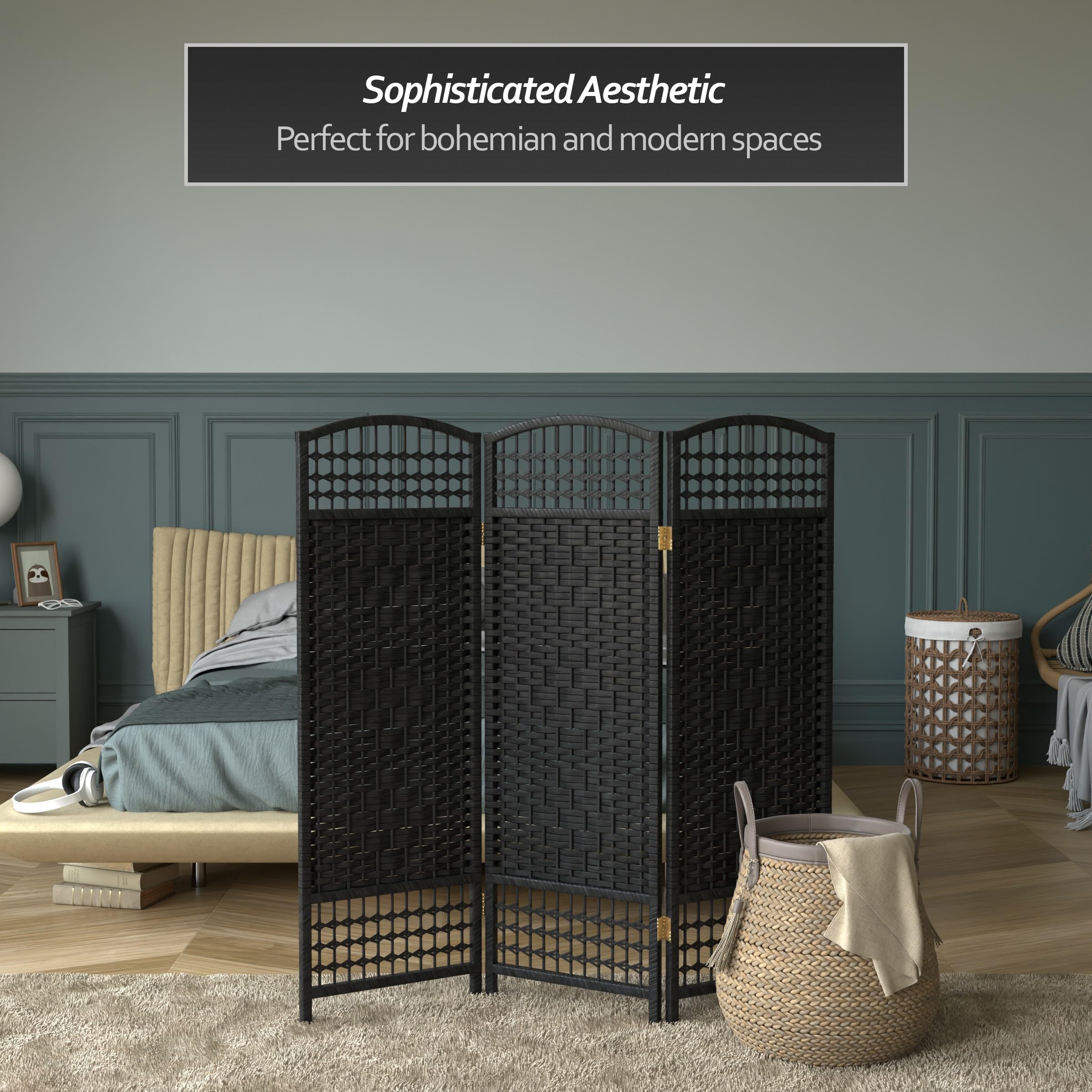 4 ft. Black Short Fiber Weave Folding Room Divider Screen - 3 Panel Privacy Partition for Home, Office & Events - Space Separator for Living Room, Bedroom or Wedding Decor