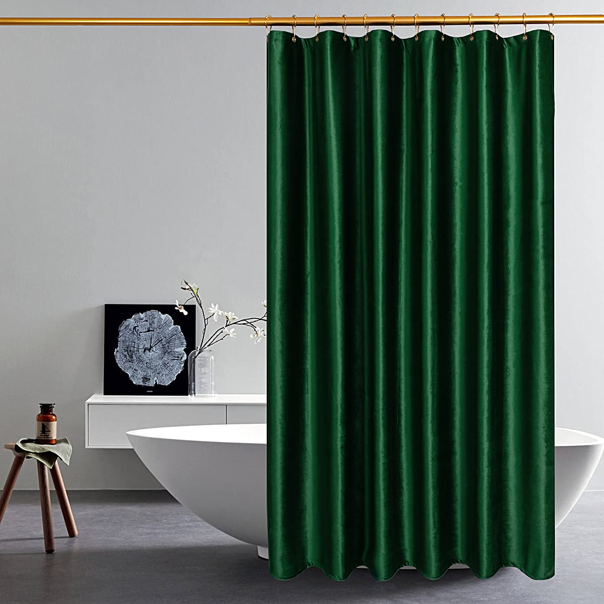 Luxury 260 GSM Thick Velvet Dark Green Shower Curtain - Heavy Duty Waterproof Fabric Bathroom Curtain with Hooks, 72 x 72 Inches, Washable & Durable - Perfect for Hotels, Showers, Bathtubs, and Spa-Like Home Bathrooms