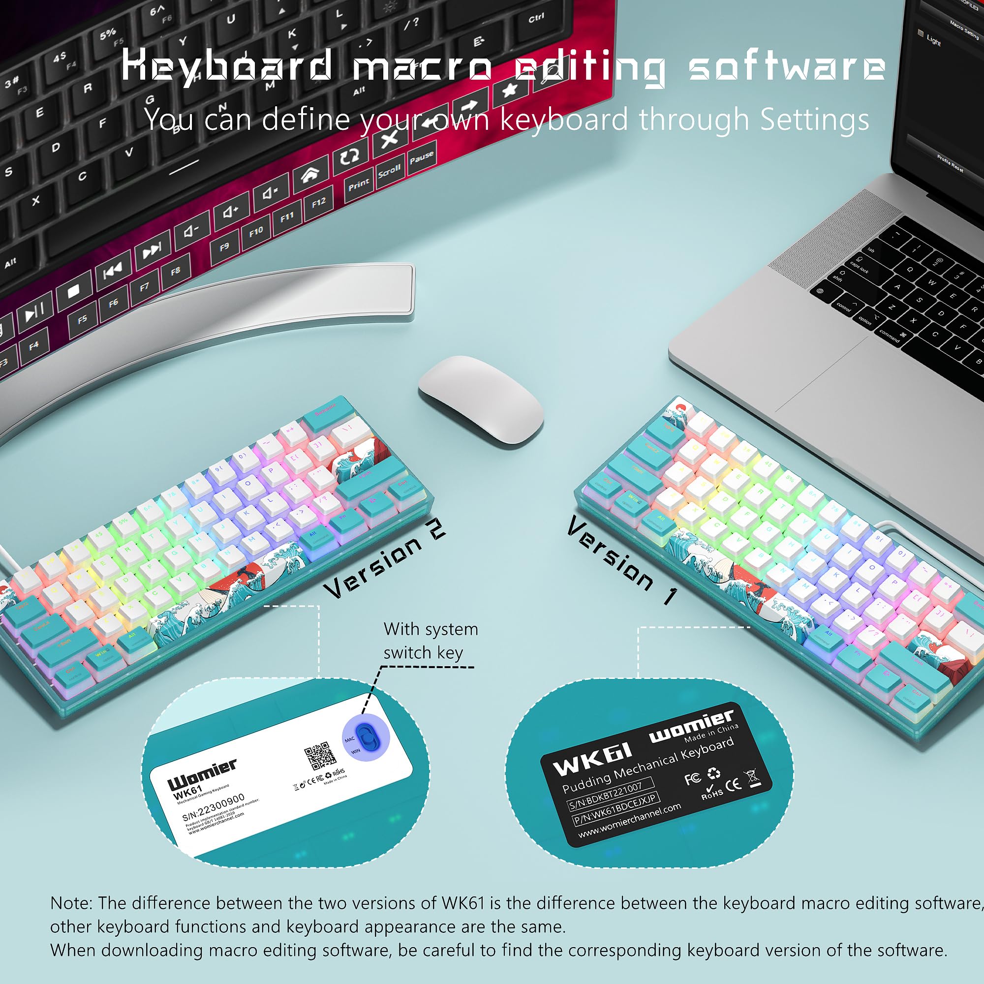 Womier WK61 60% RGB Mechanical Gaming Keyboard - Hot-Swappable, PBT Keycaps, Red Switch for PC Gamers