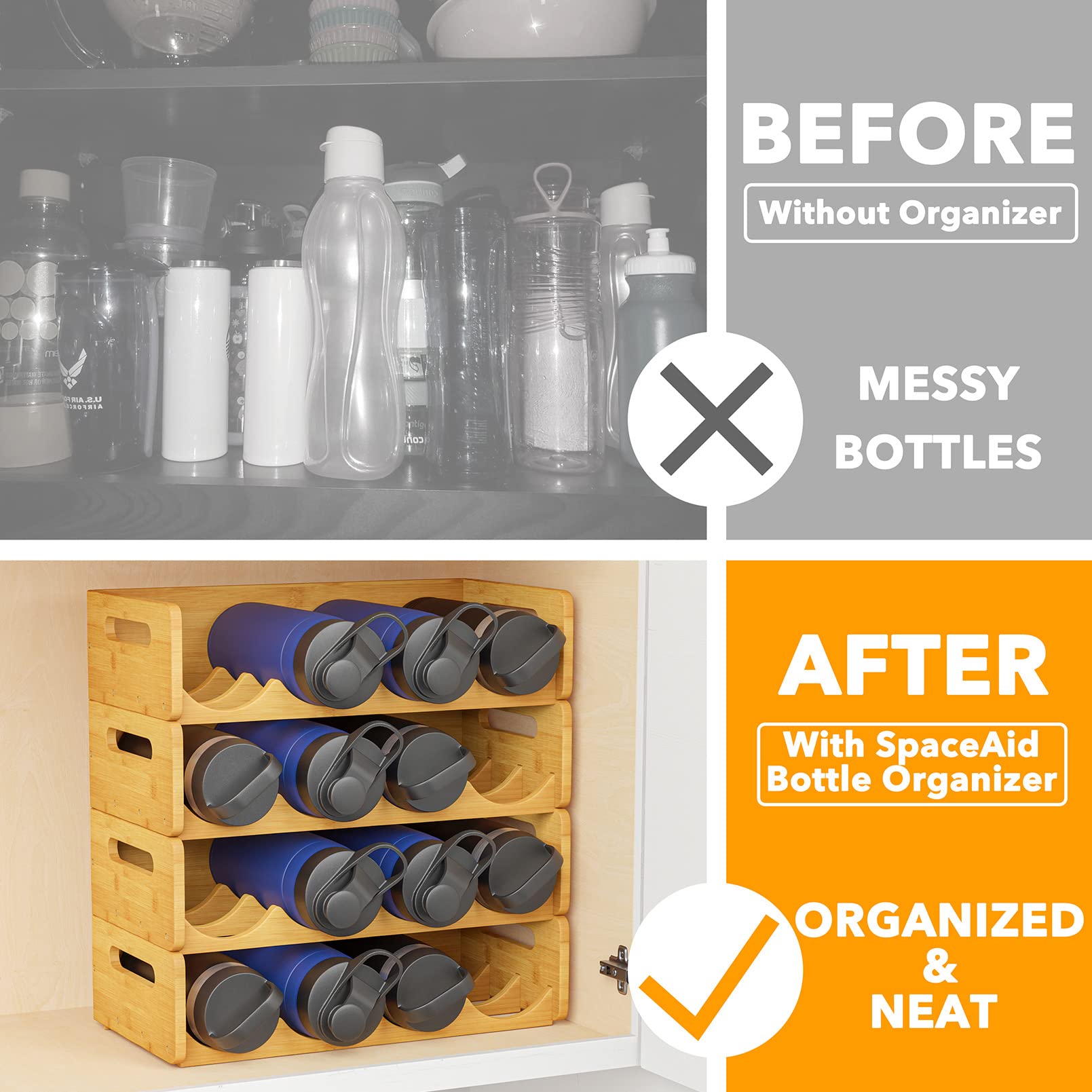 SpaceAid 4-Pack Bamboo Water Bottle Organizer with Labels - Kitchen Pantry Storage Rack for Cabinets, Home Cup & Wine Bottle Holder Shelf - 4-Slot Design Holds 16 Bottles - Perfect for Kitchen Organization, Pantry Storage & Home Decluttering