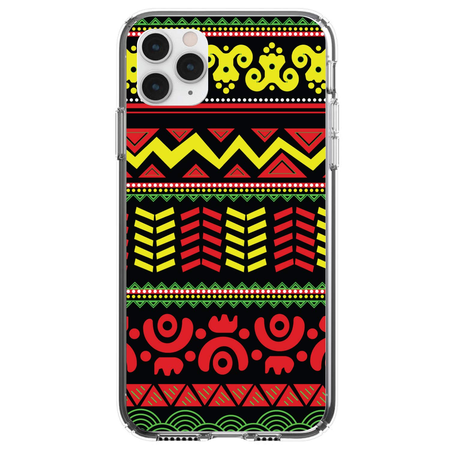 DistinctInk Clear Shockproof Hybrid Case for iPhone 13 Pro MAX (6.7 Inch) - TPU Bumper with Acrylic Back & Tempered Glass Screen Protector - Black Yellow Red Aztec Tribal Design - Perfect for Outdoor Activities, Travel & Daily Protection
