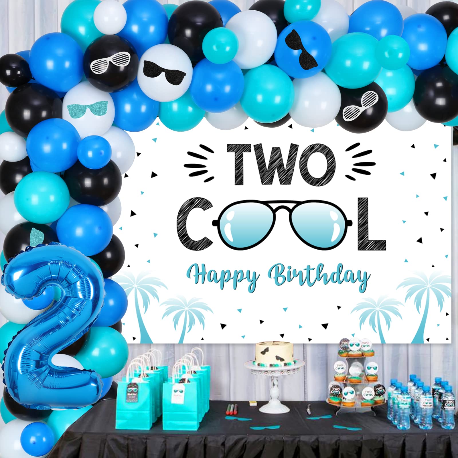 Two Cool 2nd Birthday Party Decorations for Boys - Balloon Garland Kit, Sunglasses Theme Backdrop & Number 2 Foil Balloons | Perfect for Toddler Birthday Celebrations, Photo Booth Backdrops and Themed Party Decor