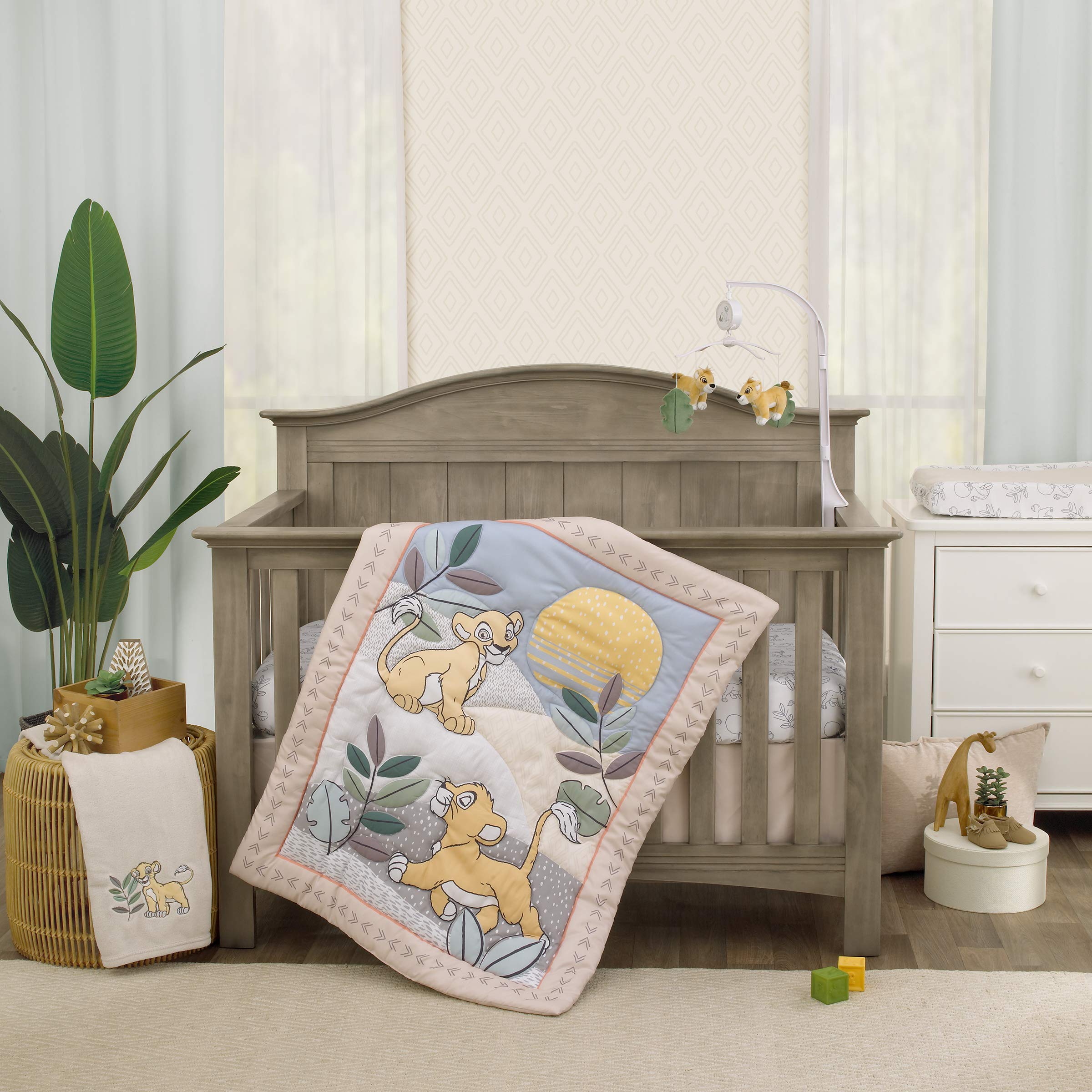 Disney The Lion King 3-Piece Nursery Crib Bedding Set - Comforter, Fitted Sheet & Skirt in Grey, Sage, Ivory & Yellow | Baby Boy/Girl Nursery Decor | Perfect for Themed Rooms & Gift Giving (7512276P)