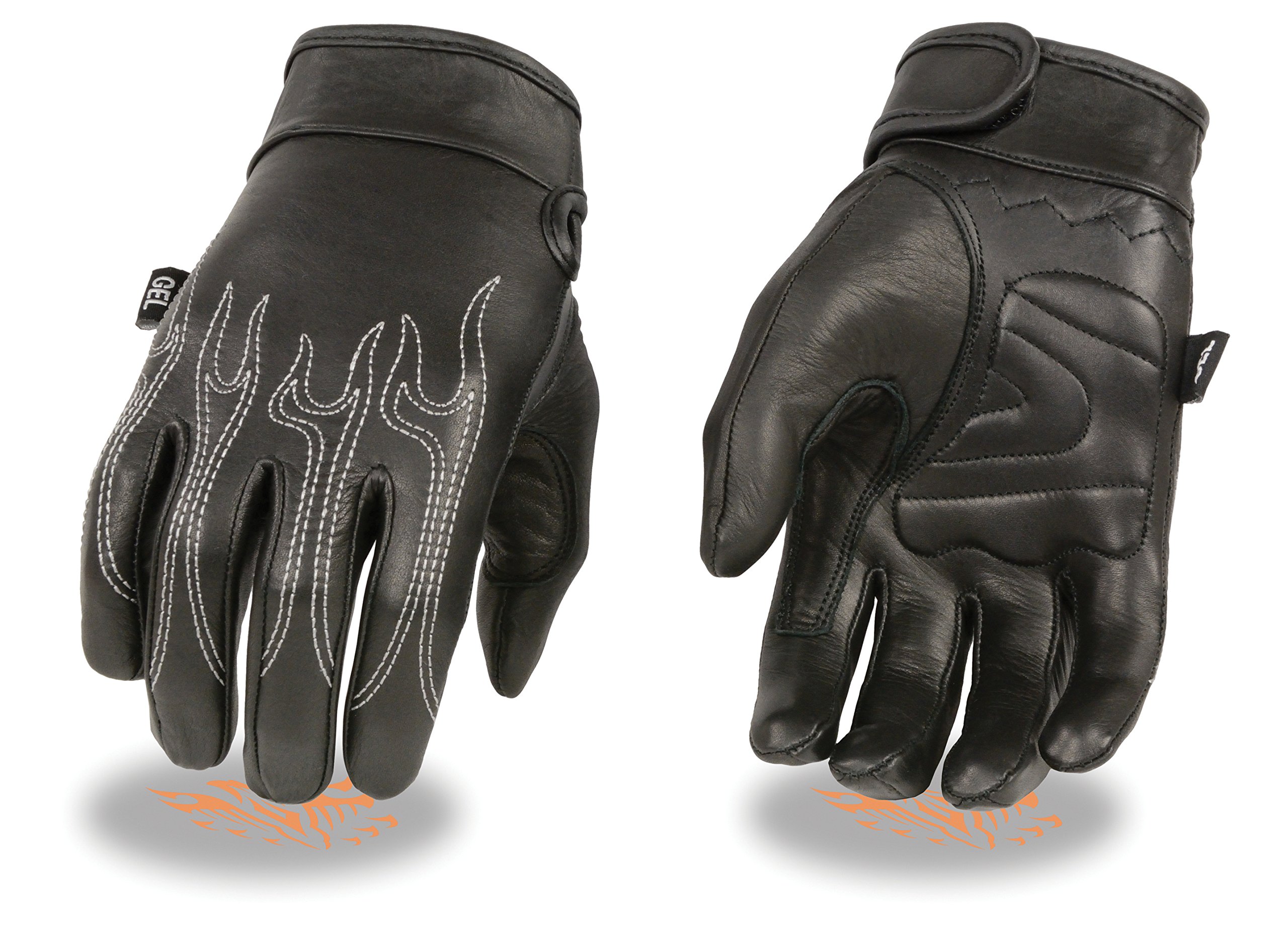Milwaukee Men's Genuine Leather Driving Gloves with Flame Embroidery & Gel Palm - Comfortable Grip for Winter, Motorcycle Riding & Outdoor Activities