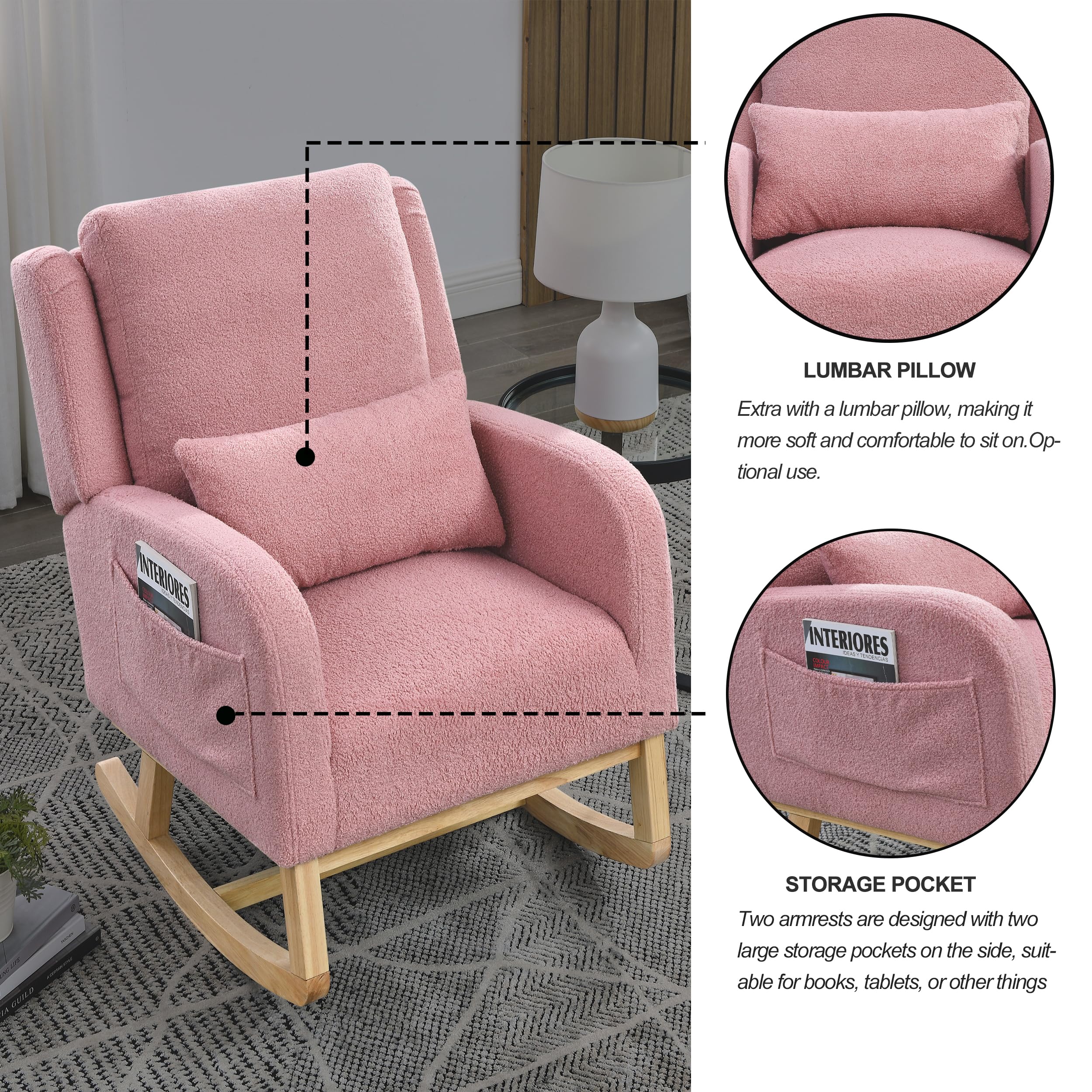 **Comfy Teddy Fabric Nursery Rocking Chair with Pillow & Side Pockets - Wingback Glider Armchair for Nursing, Living Room, Bedroom - Perfect for Relaxing & Breastfeeding (Pink)**