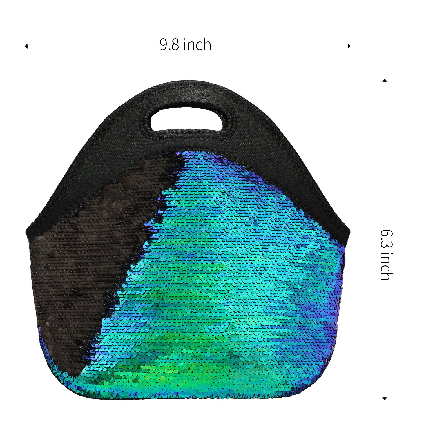 Insulated Neoprene Lunch Bag for Women & Girls - Mermaid Sequins Design with Zipper Closure by FUNLAVIE | Perfect for School, Work, Picnics & Beach Outings
