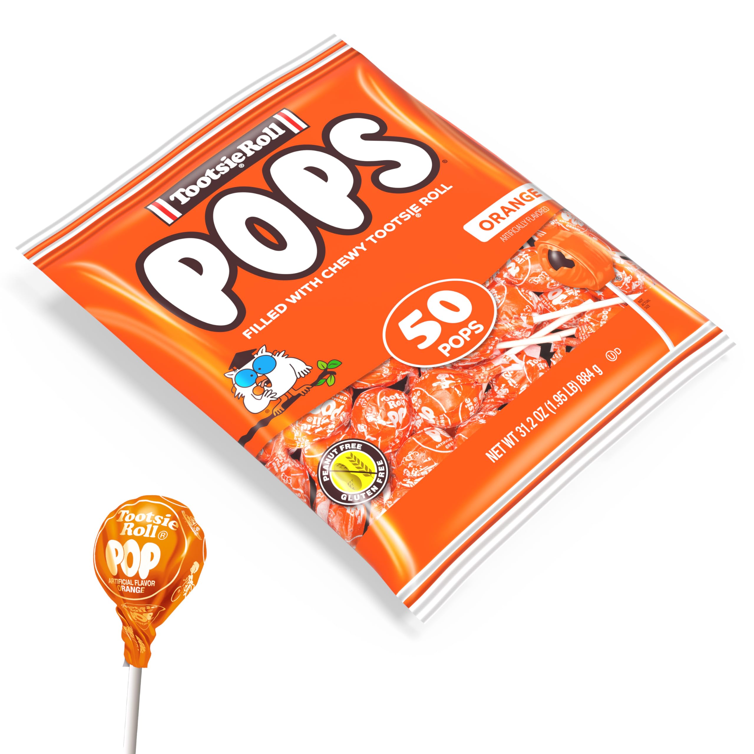 Tootsie Pops Orange Flavored Lollipops with Chocolate Center - 50 Individually Wrapped Hard Candies - Peanut Free, Gluten Free - Perfect for Halloween, Party Favors, Office Treats & Everyday Snacks