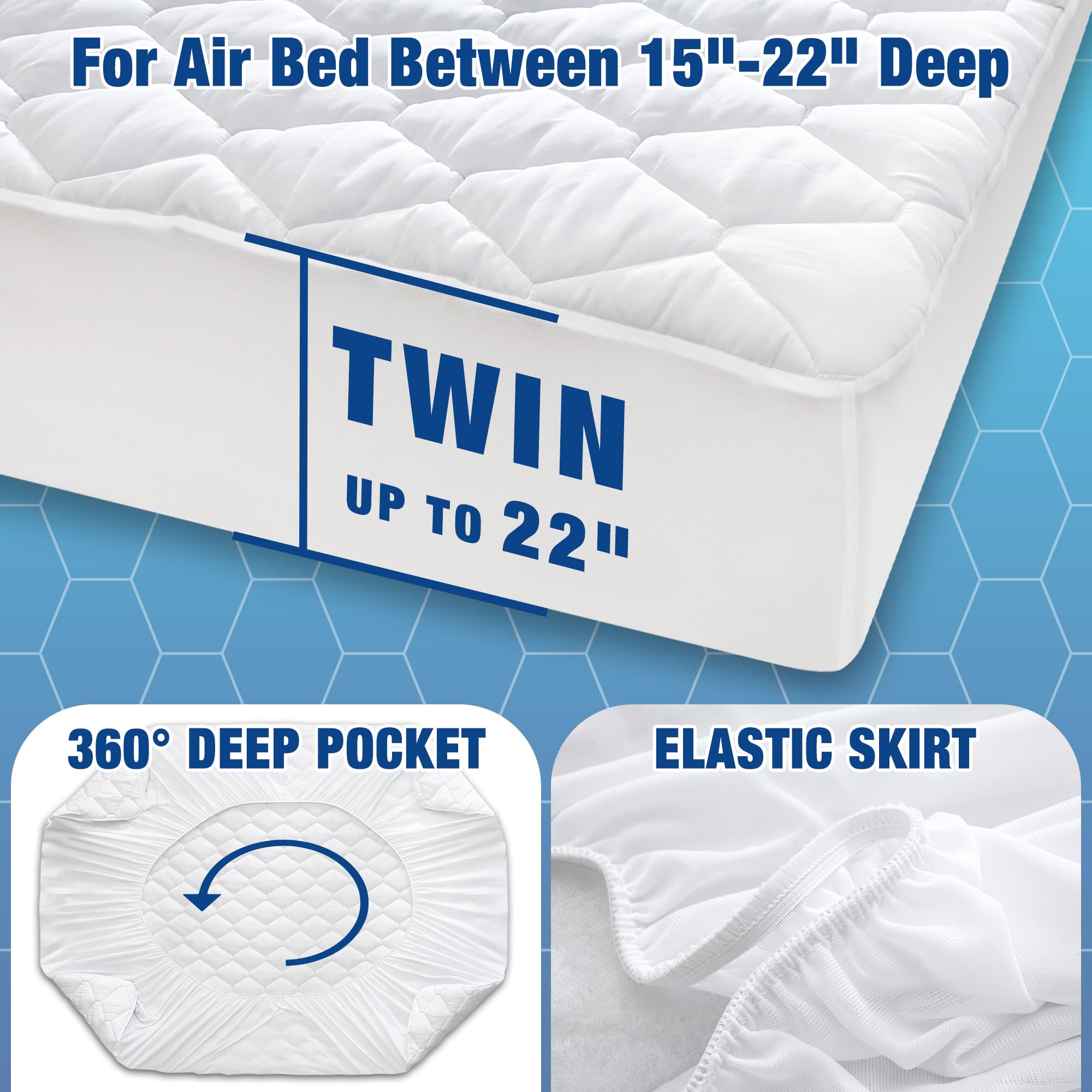 Twin Size Air Mattress Pad - Quilted Mattress Topper & Breathable Air Bed Cover, Noiseless Protector with Deep Pocket Fits 15-22 Inch Mattresses | Perfect for Guest Beds, Camping & Temporary Sleeping Solutions