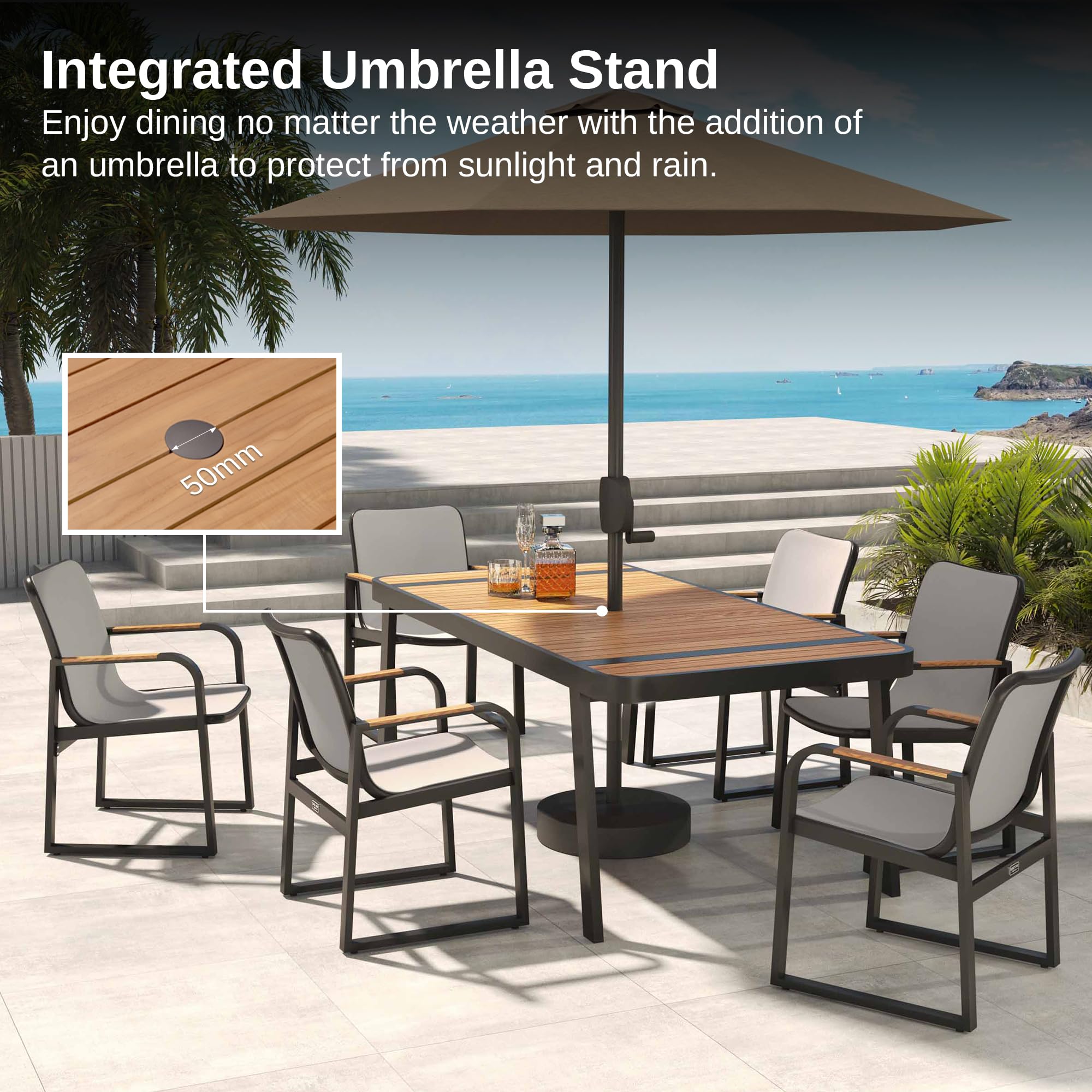 EAST OAK Signature 7-Piece Outdoor Dining Set - Teak Wood & Powder-Coated Aluminum Patio Furniture with Teslin Fabric Chairs - Perfect for Garden, Backyard, Poolside & Outdoor Entertaining - Dark Grey