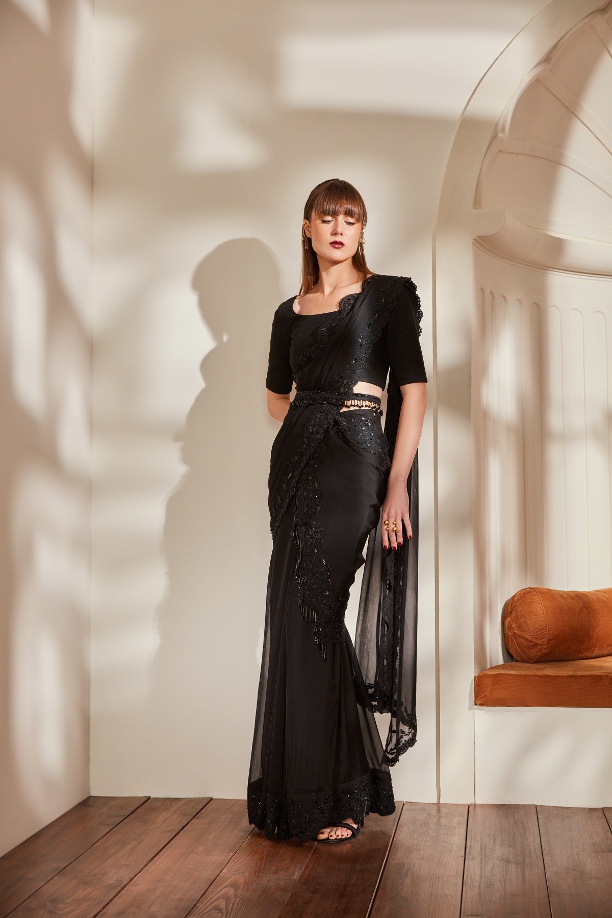 Elegant Black Saree with Noir Glass Beads & Thread Embroidery - Matching Blouse Included | Perfect for Weddings, Parties & Special Occasions